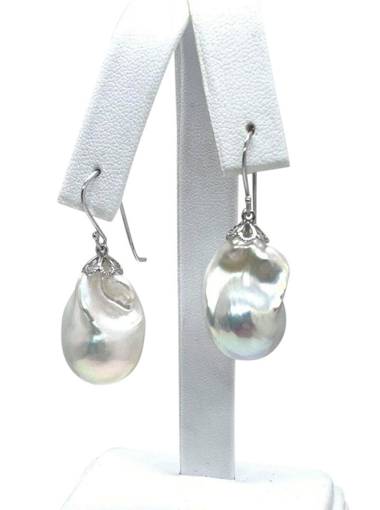 Uncut Baroque Freshwater Pearl Earrings 14k White Gold Certified