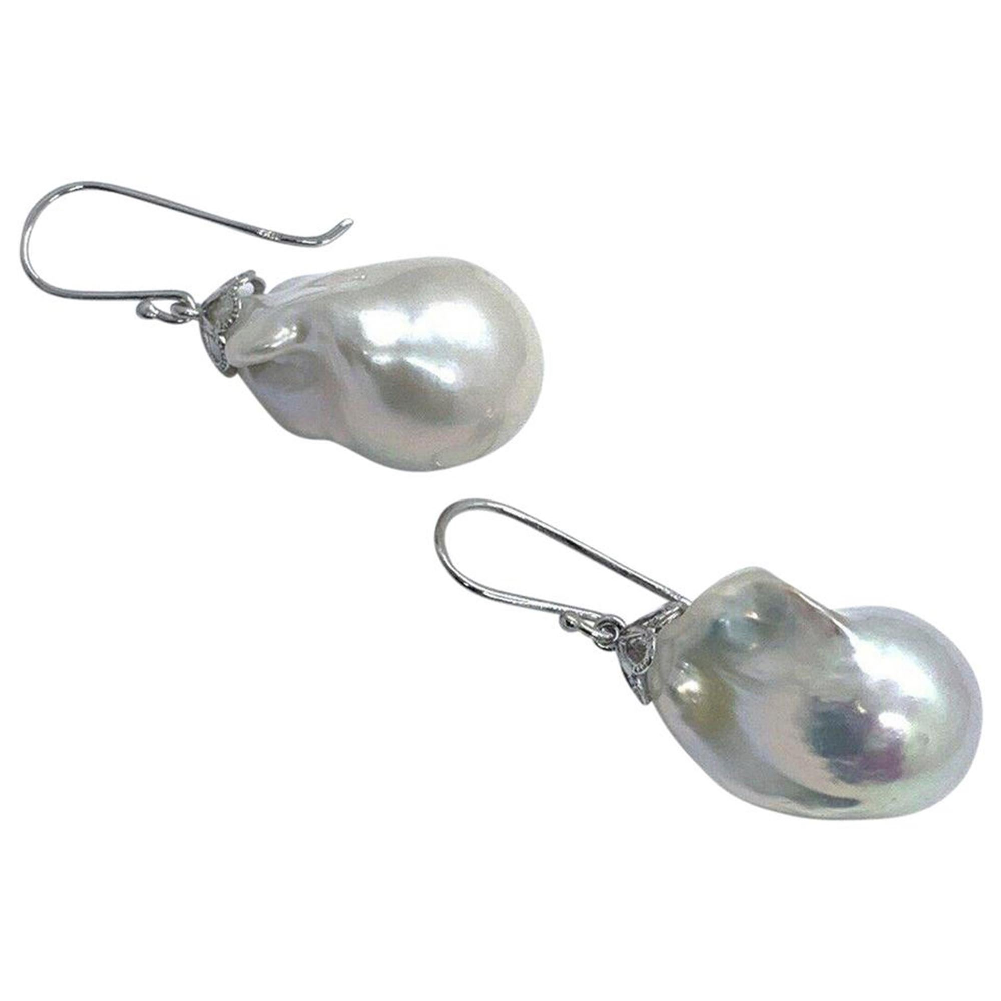 Baroque Freshwater Pearl Earrings 14k White Gold Certified In New Condition In Brooklyn, NY