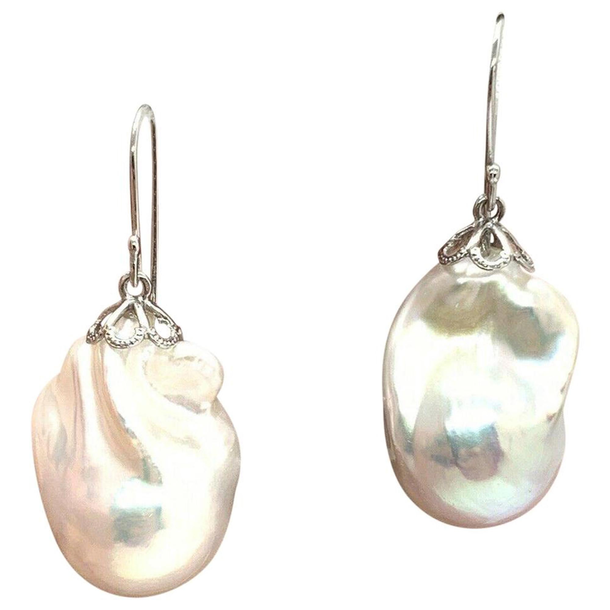 Women's Baroque Freshwater Pearl Earrings 14k White Gold Certified