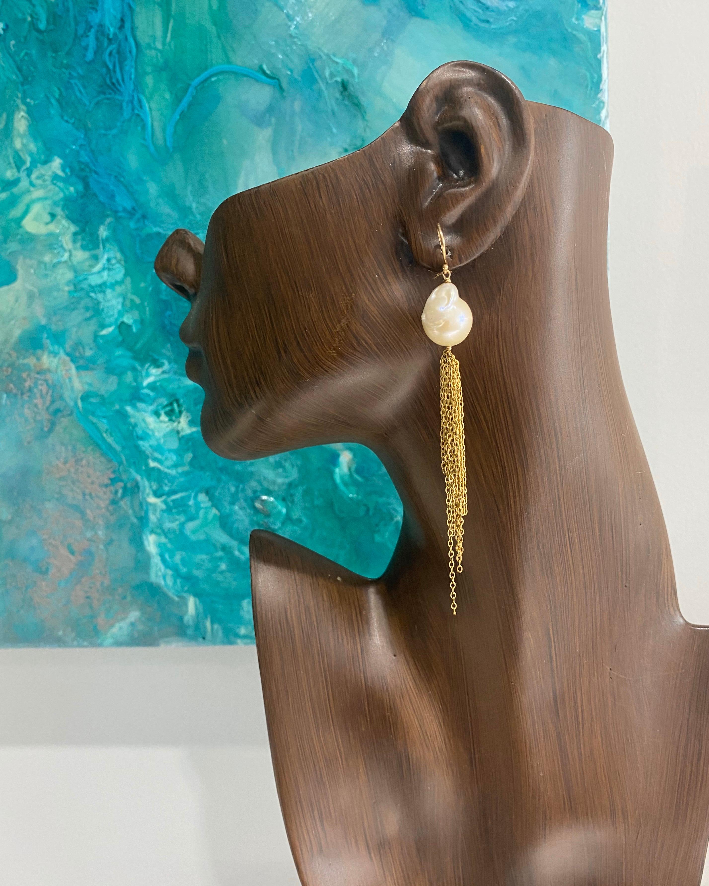 Contemporary Baroque Freshwater Pearl Earrings with Gold Tassels For Sale