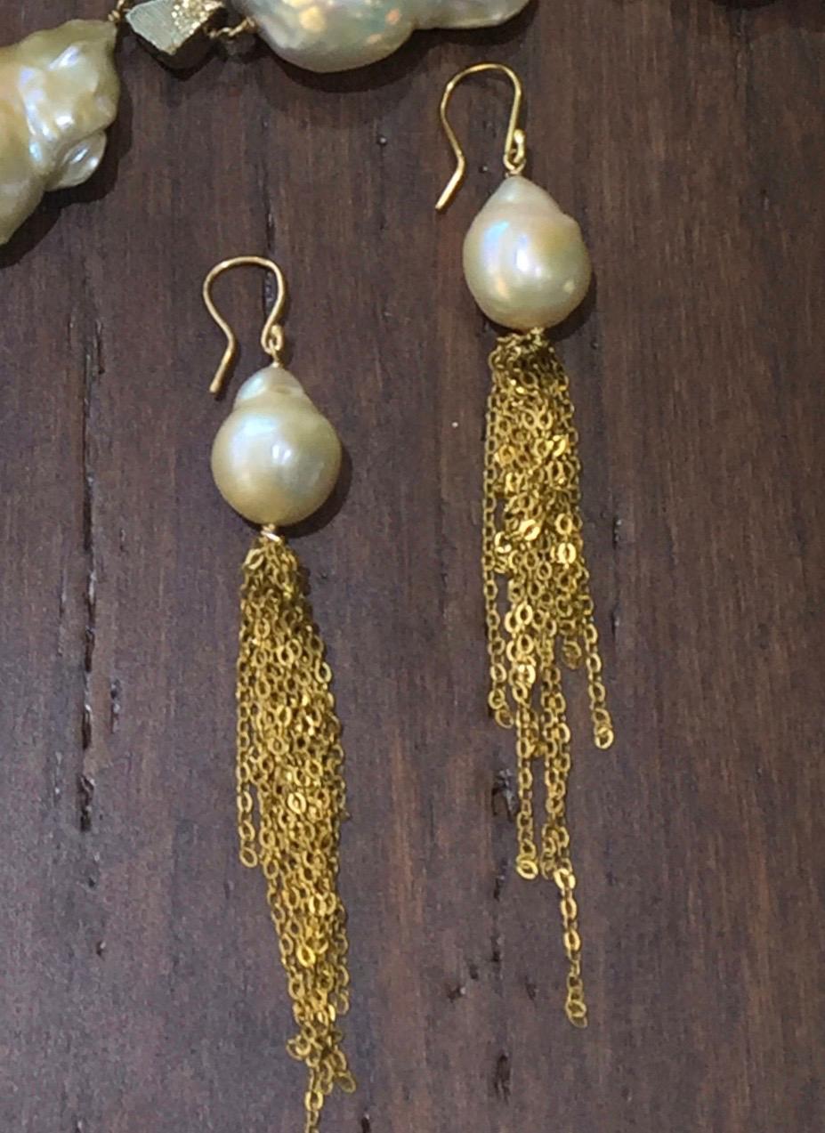 Uncut Baroque Freshwater Pearl Earrings with Gold Tassels For Sale