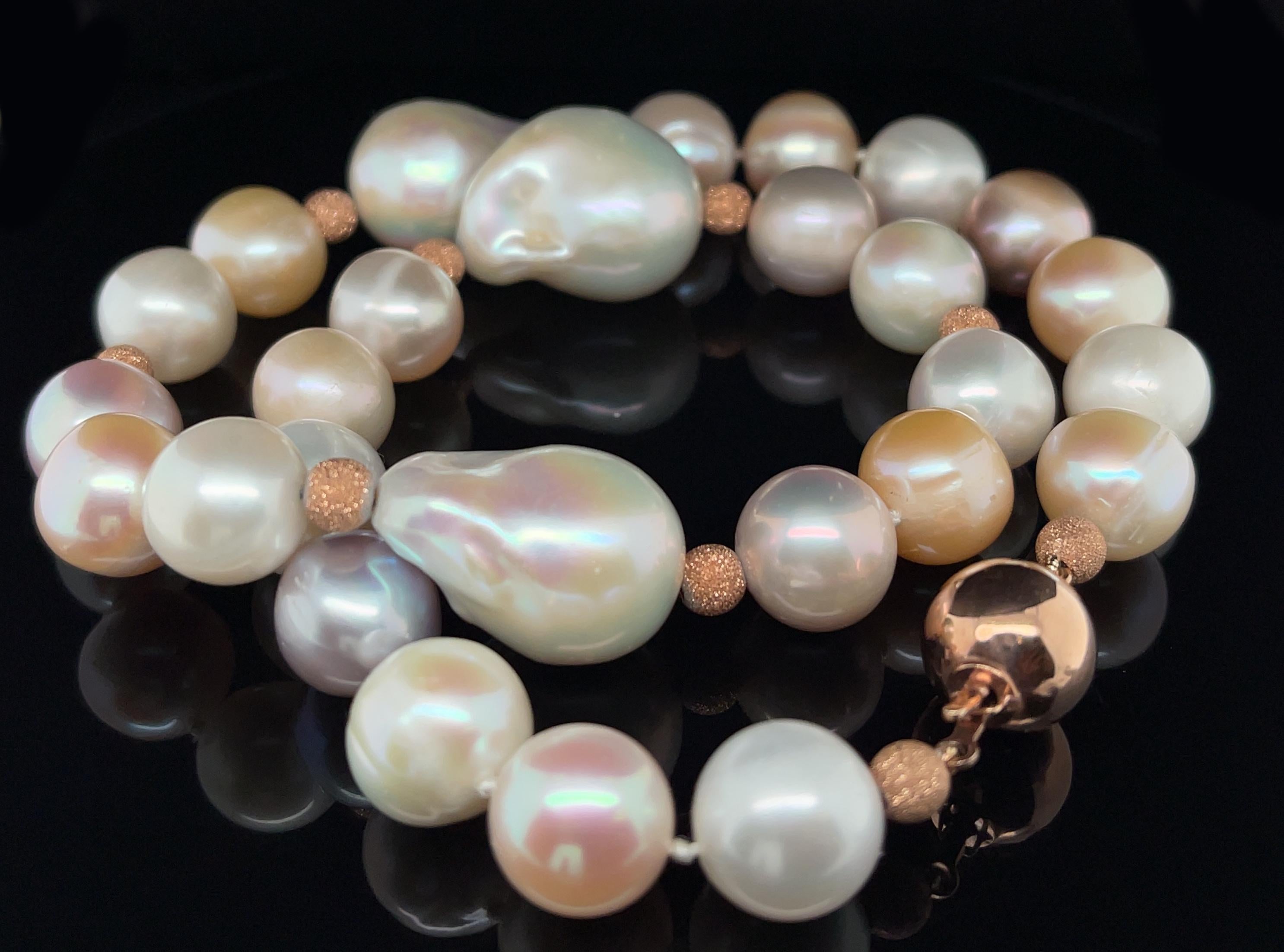 Artisan Baroque Freshwater Pearl Necklace, Peach, White and Lavender Color, 17 Inches For Sale