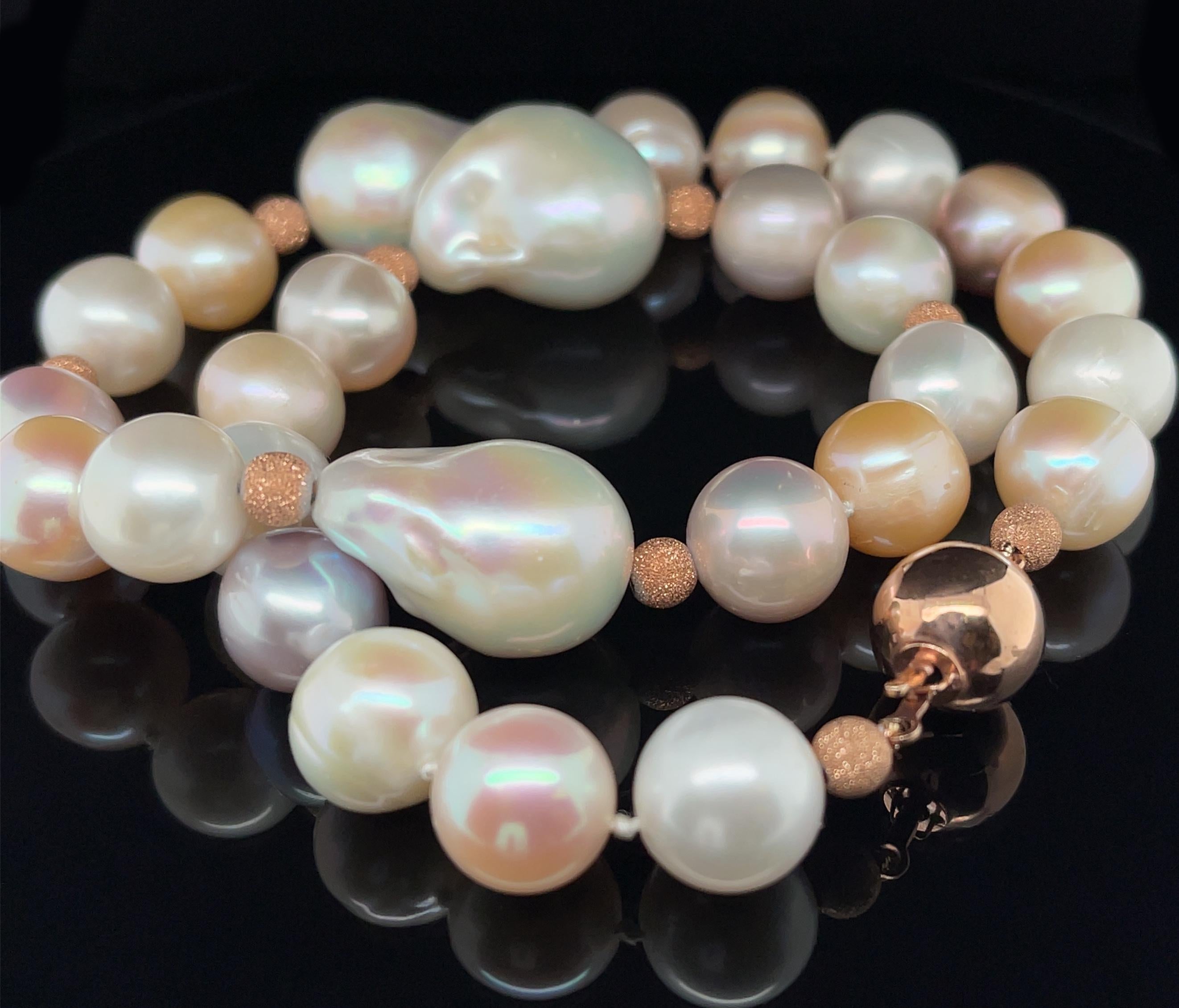 Bead Baroque Freshwater Pearl Necklace, Peach, White and Lavender Color, 17 Inches For Sale