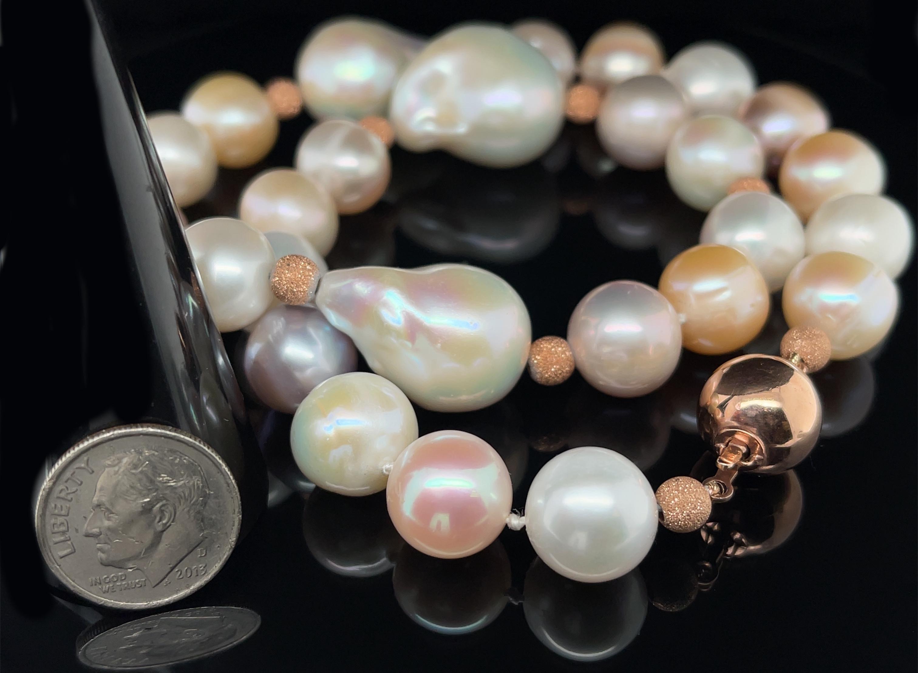Baroque Freshwater Pearl Necklace, Peach, White and Lavender Color, 17 Inches In New Condition For Sale In Los Angeles, CA