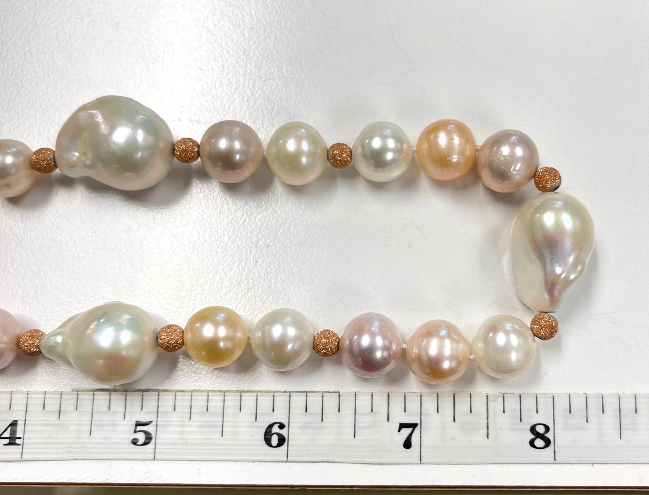 Women's or Men's Baroque Freshwater Pearl Necklace, Peach, White and Lavender Color, 17 Inches For Sale