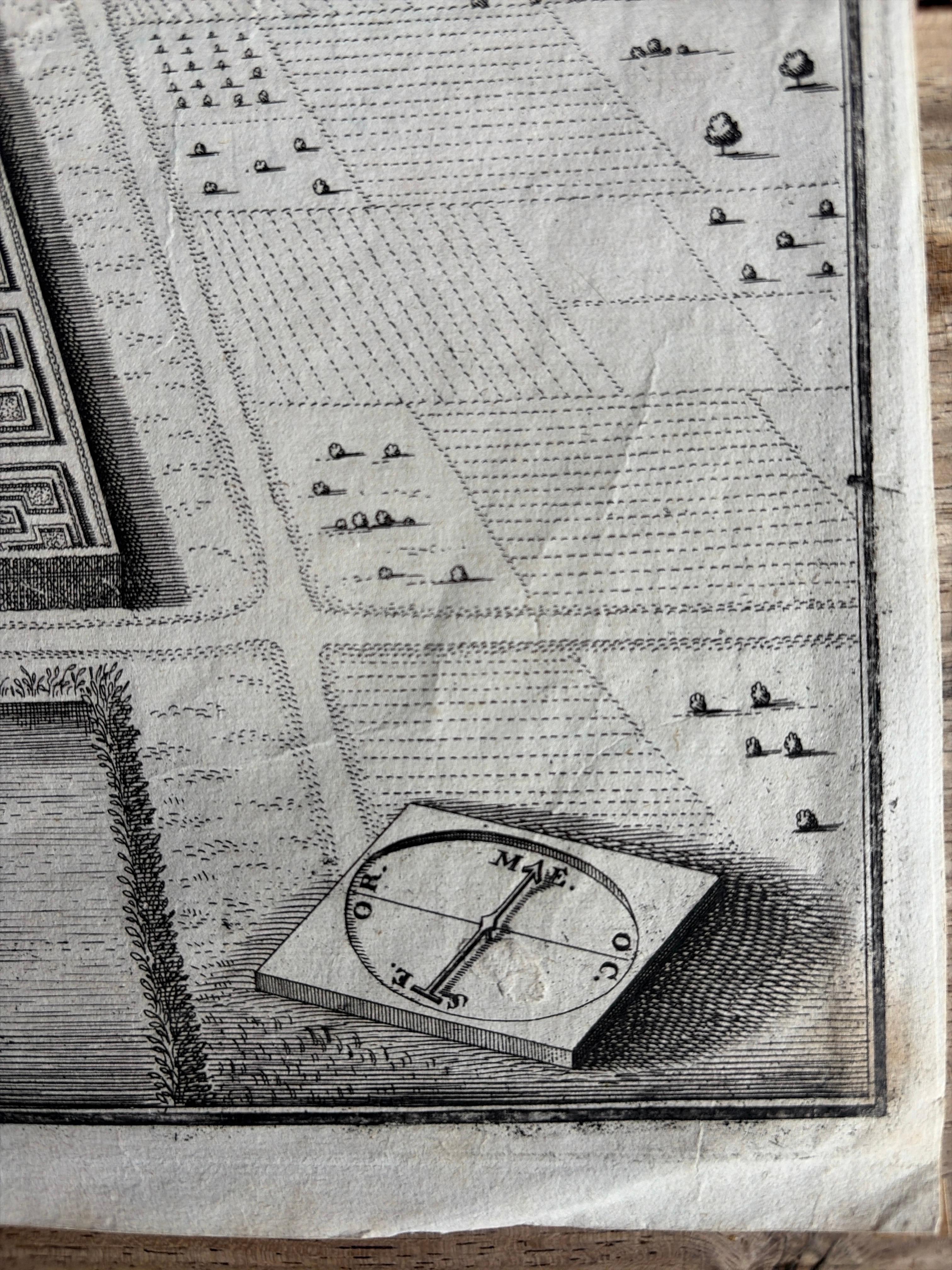 Allemand Jardin et palais baroques près de Vienne - Gravure architecturale ancienne, 1649 en vente