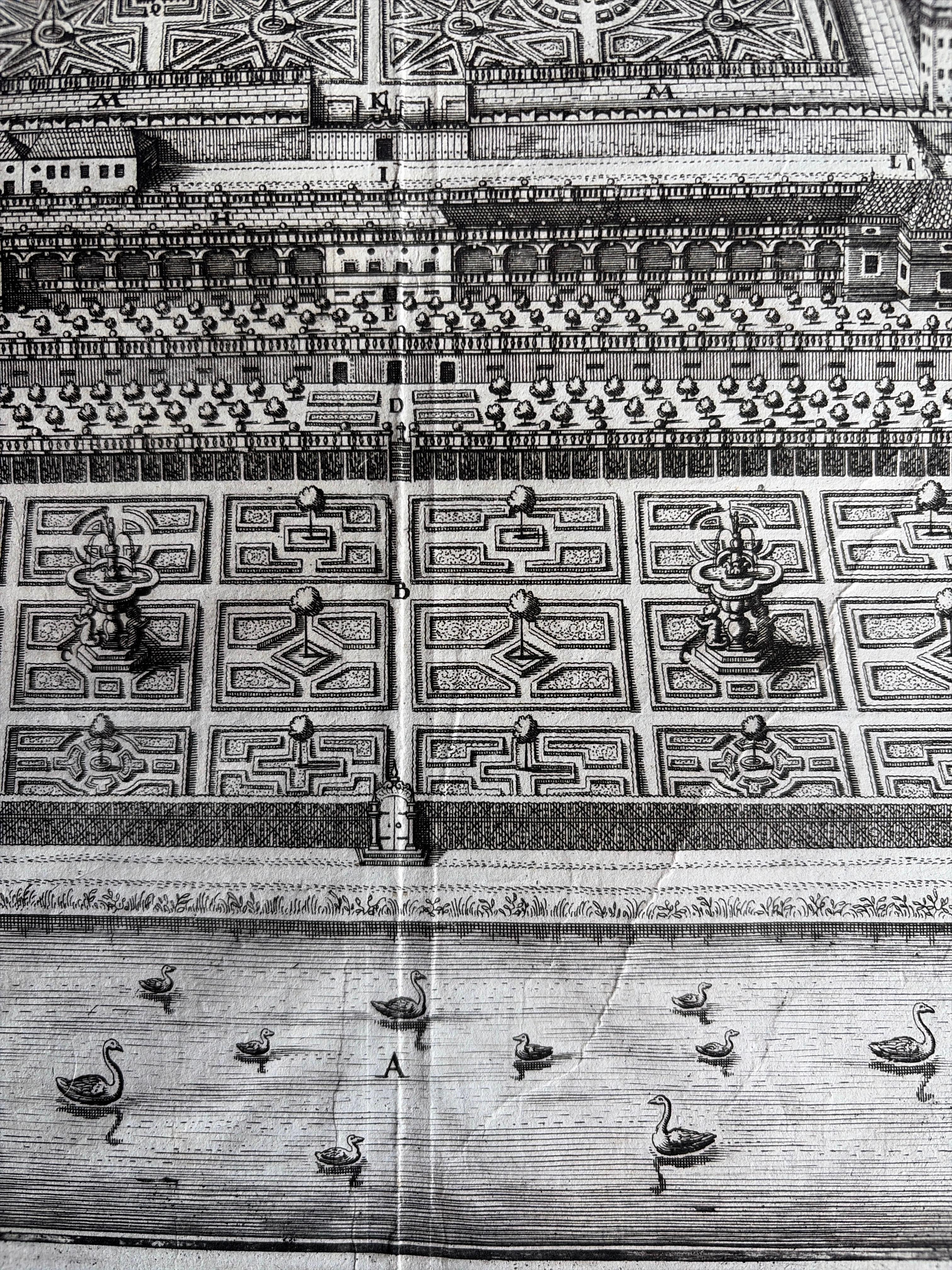 Gravé Jardin et palais baroques près de Vienne - Gravure architecturale ancienne, 1649 en vente