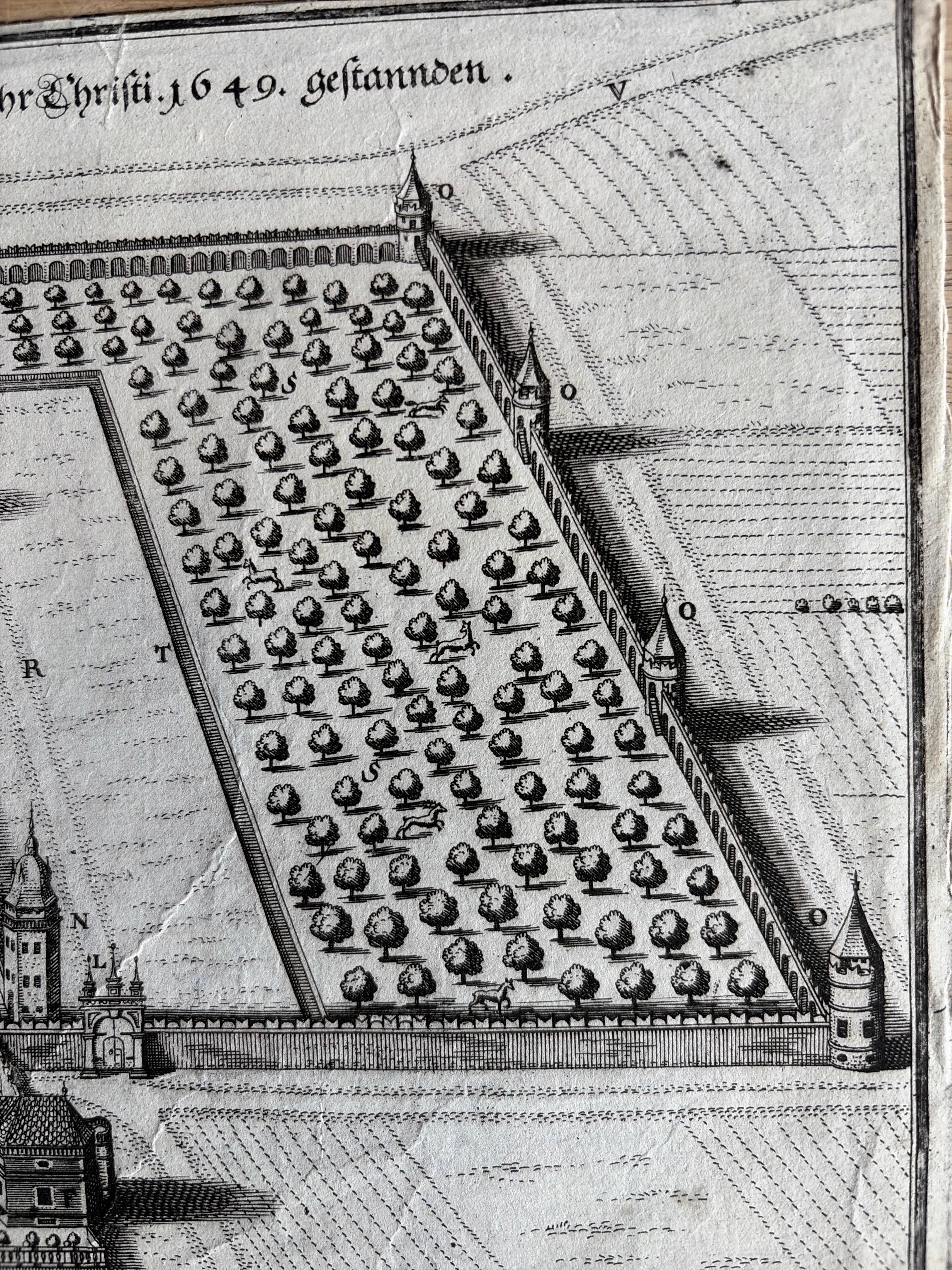 Milieu du XVIIe siècle Jardin et palais baroques près de Vienne - Gravure architecturale ancienne, 1649 en vente