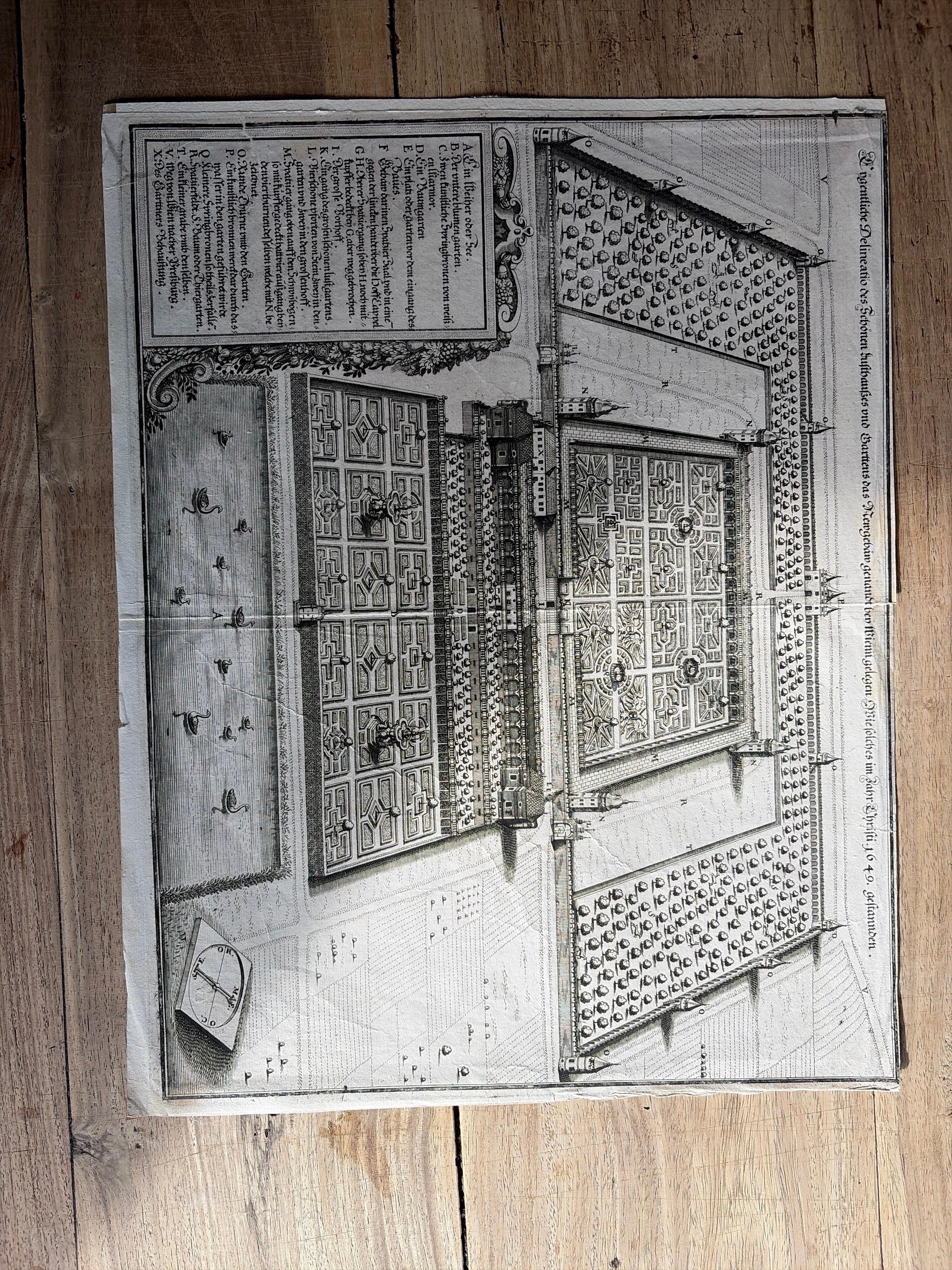 Jardin et palais baroques près de Vienne - Gravure architecturale ancienne, 1649 en vente 1