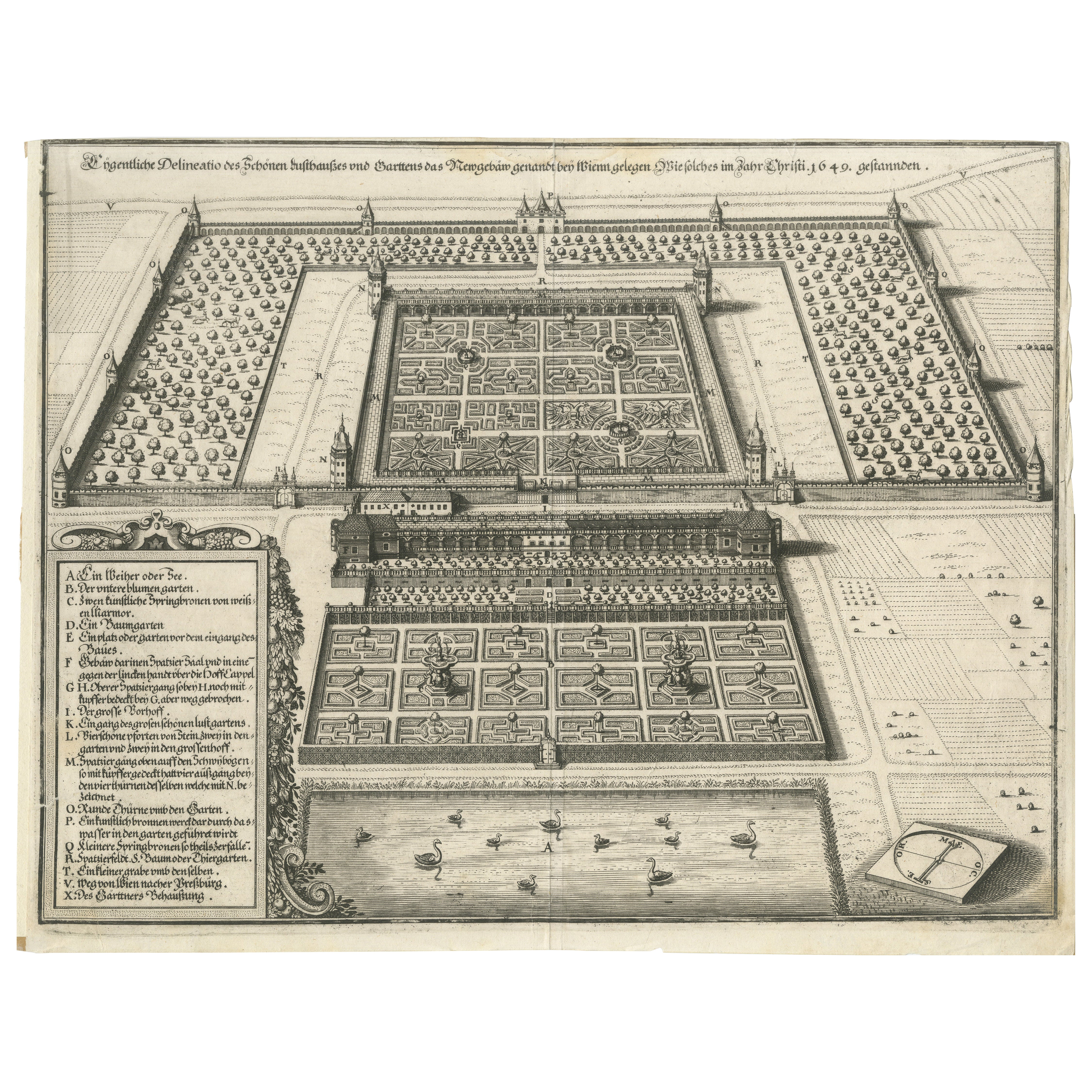 Jardin et palais baroques près de Vienne - Gravure architecturale ancienne, 1649 en vente