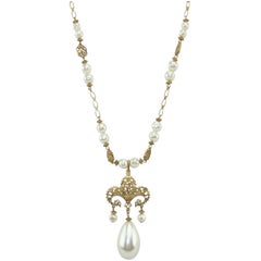 Baroque Gilt Filigree Necklace With Pearl Pendant, 1950's