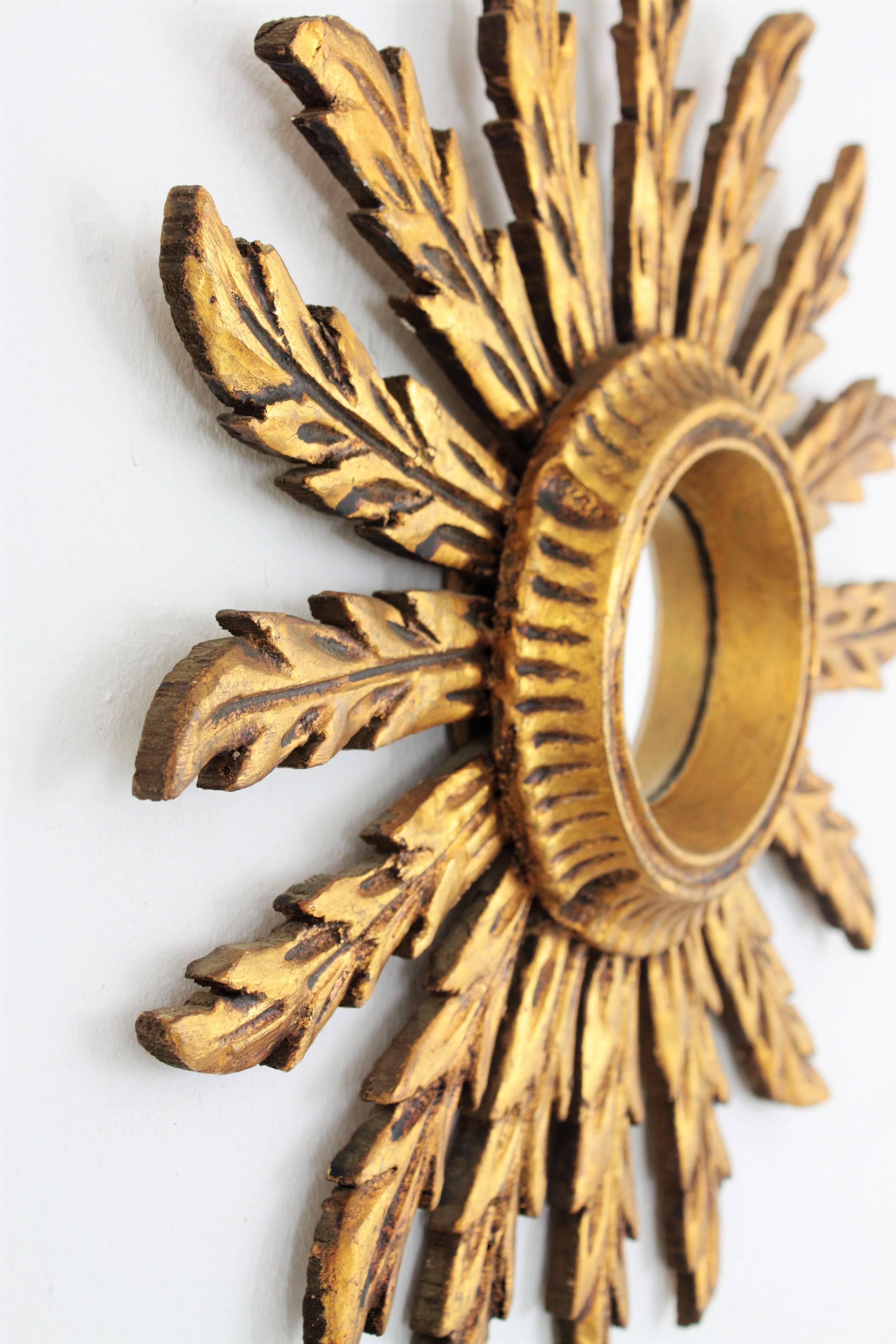 Spanish Baroque Giltwood Carved Small Sunburst Mirror, Spain, 1920s