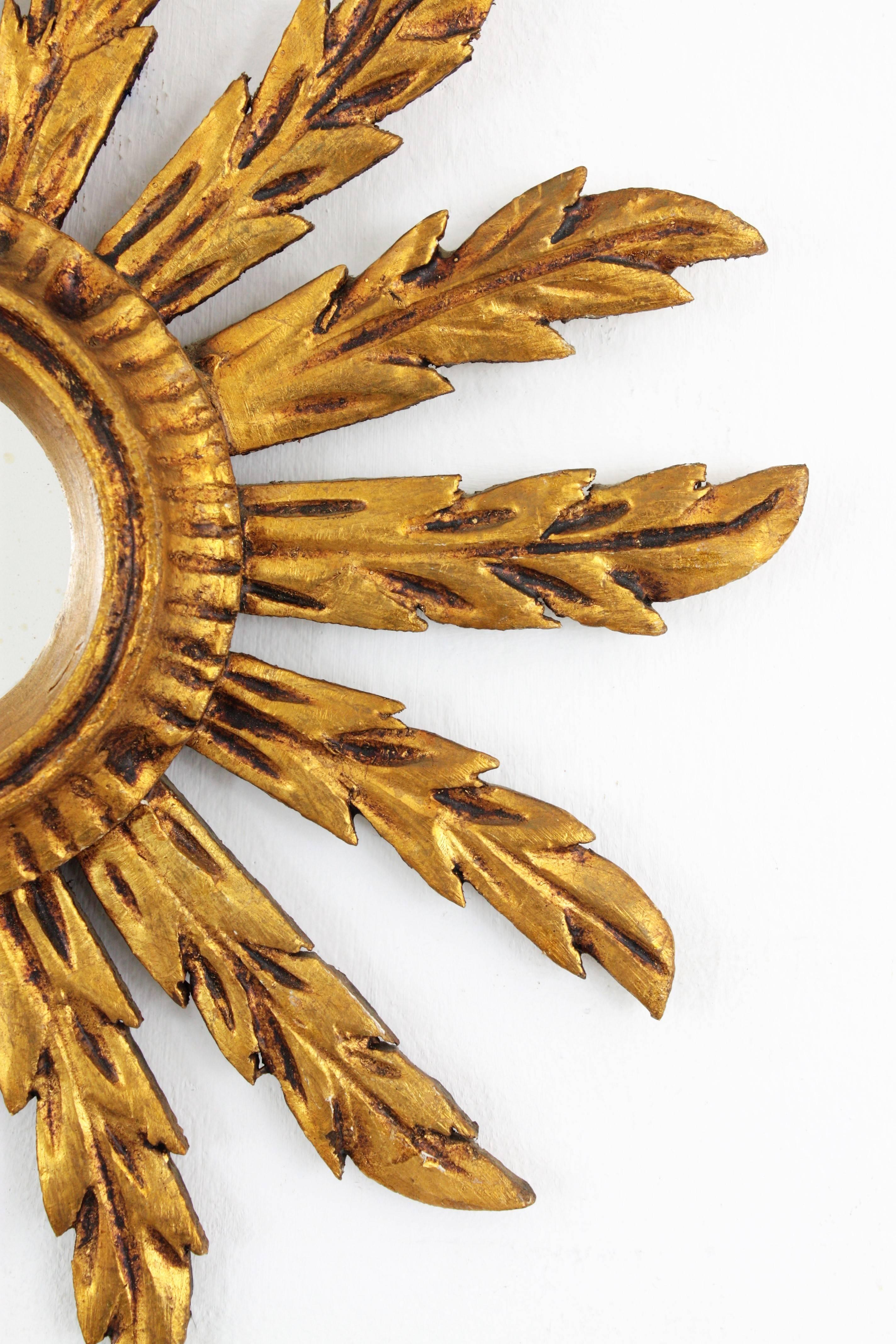 20th Century Baroque Giltwood Carved Small Sunburst Mirror, Spain, 1920s