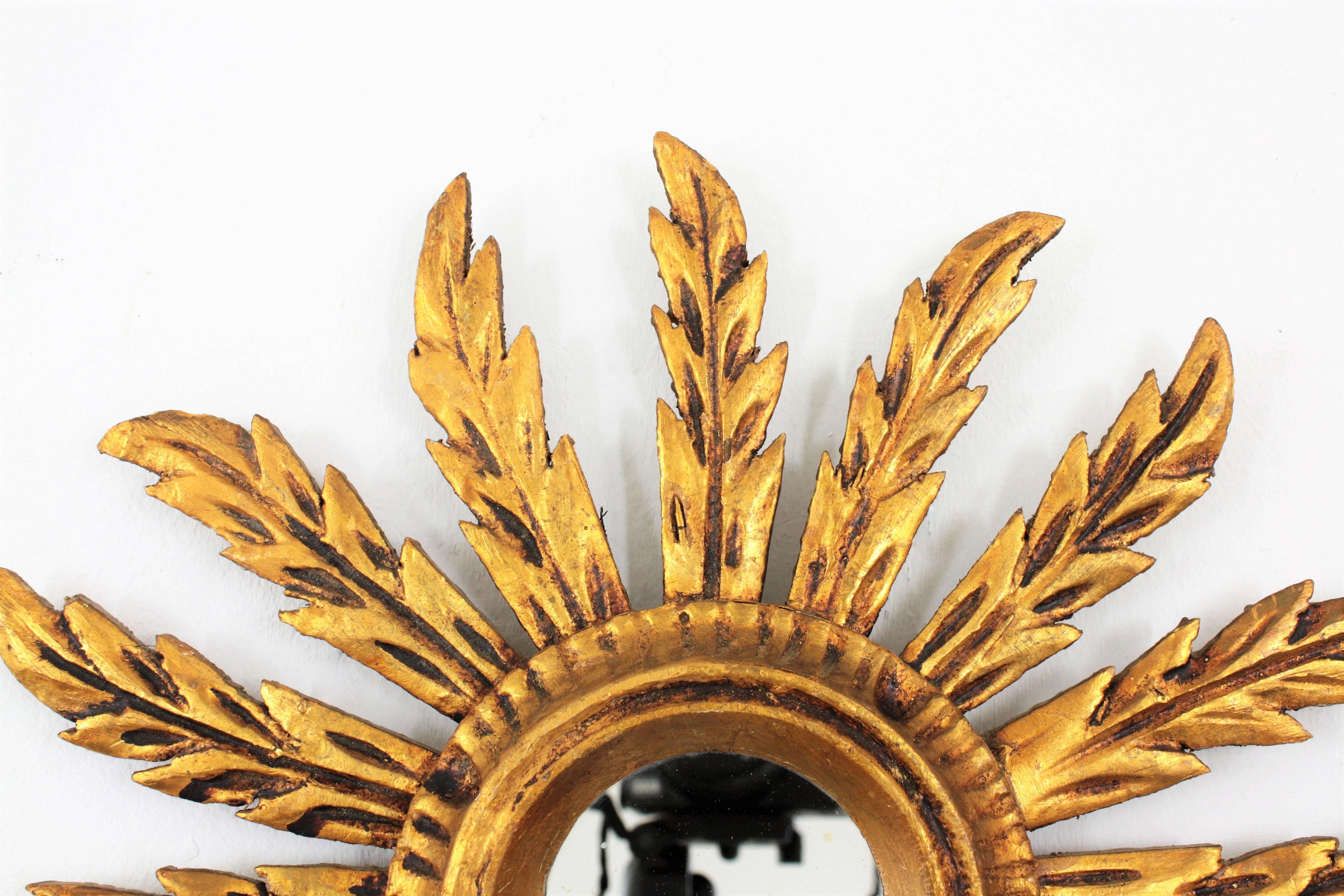 Gold Leaf Baroque Giltwood Carved Small Sunburst Mirror, Spain, 1920s