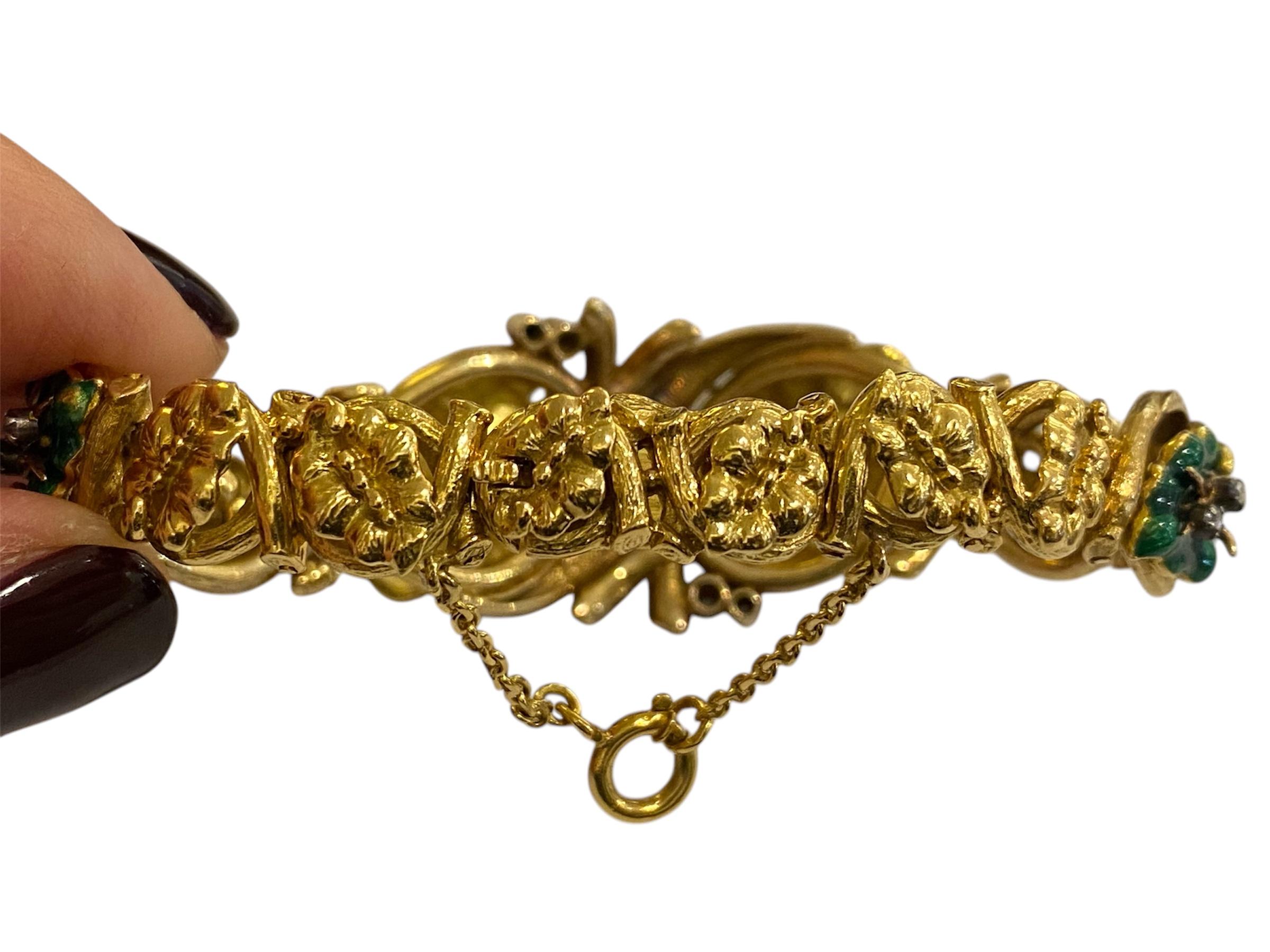 Bracciale in oro Art Nouveau con diamanti e smalto verde in vendita 2