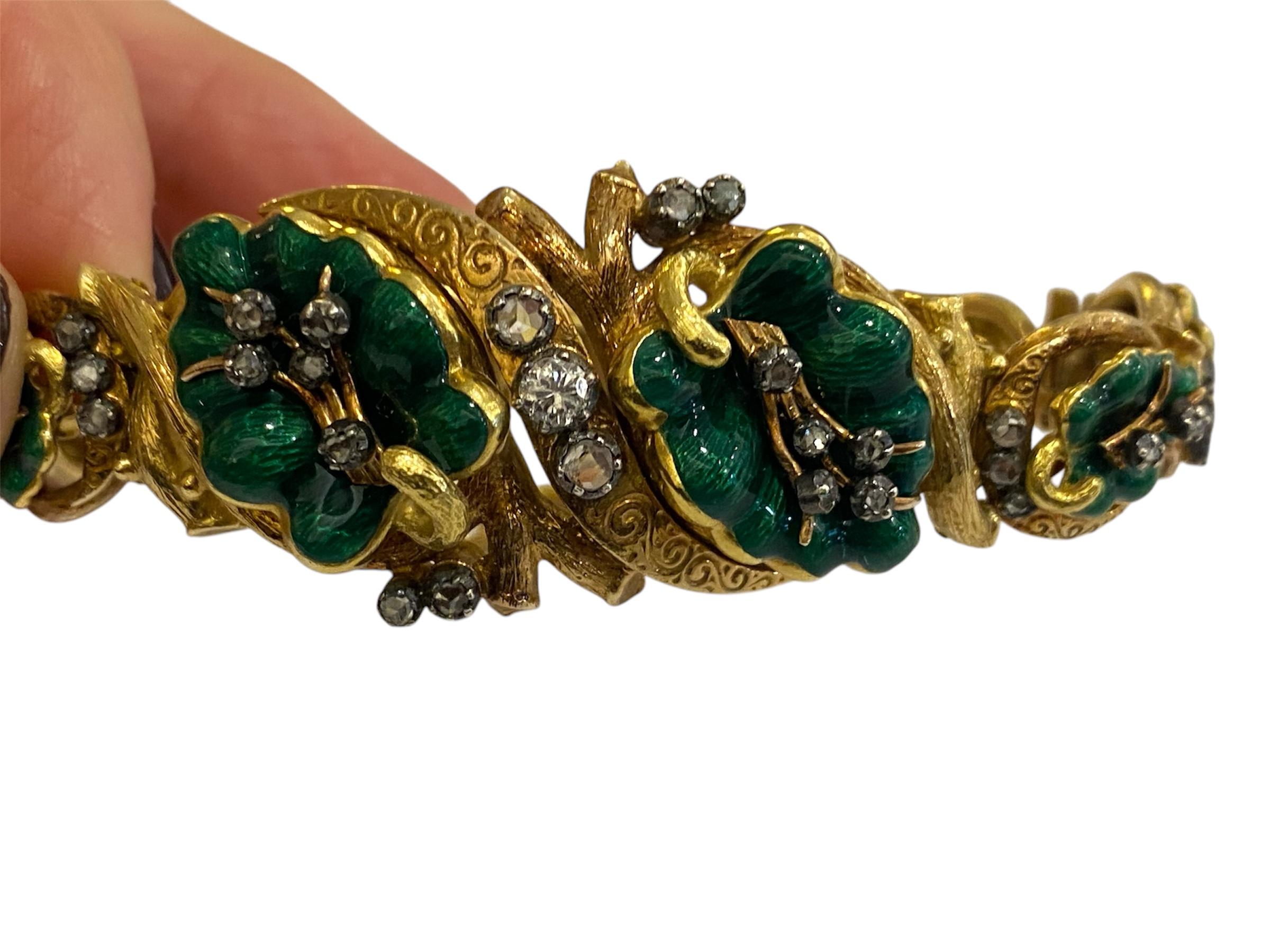 Bracciale in oro Art Nouveau con diamanti e smalto verde in vendita 3