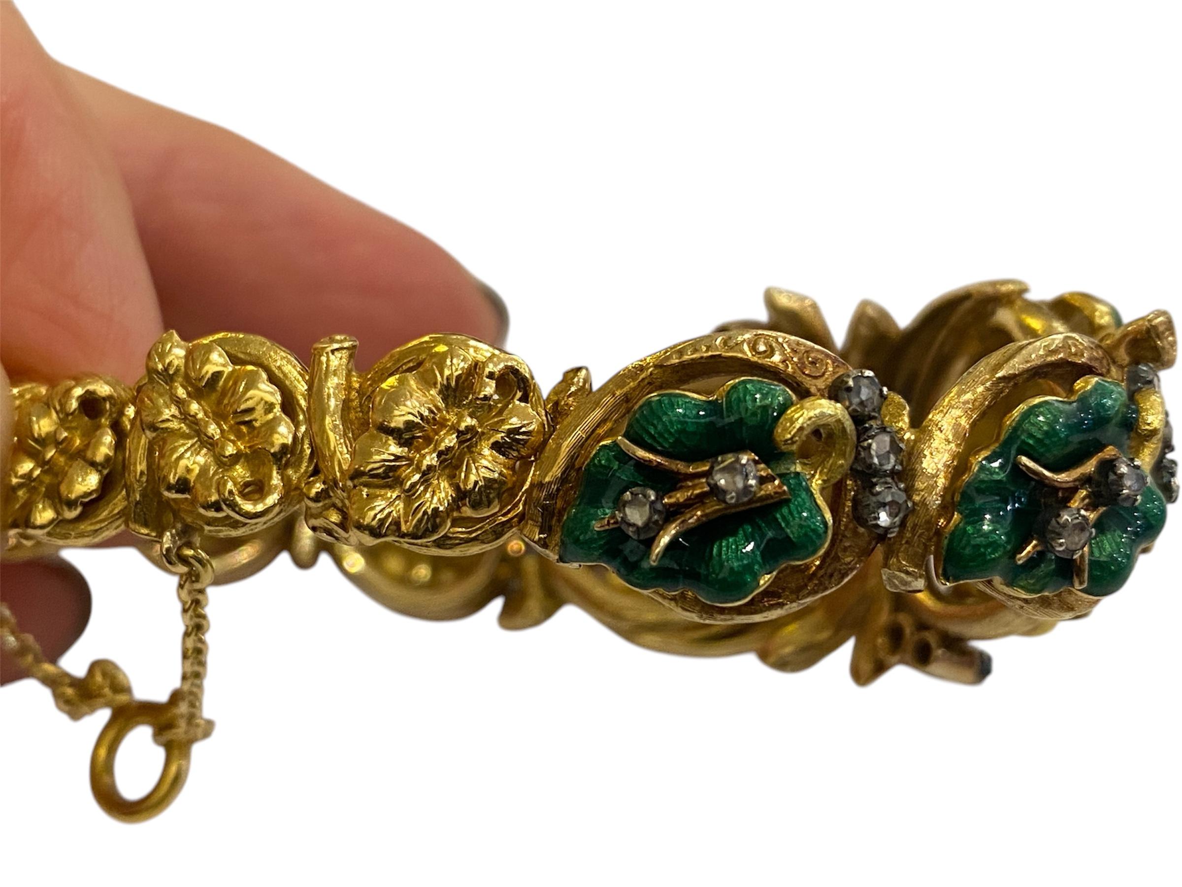 Bracciale in oro Art Nouveau con diamanti e smalto verde in vendita 4