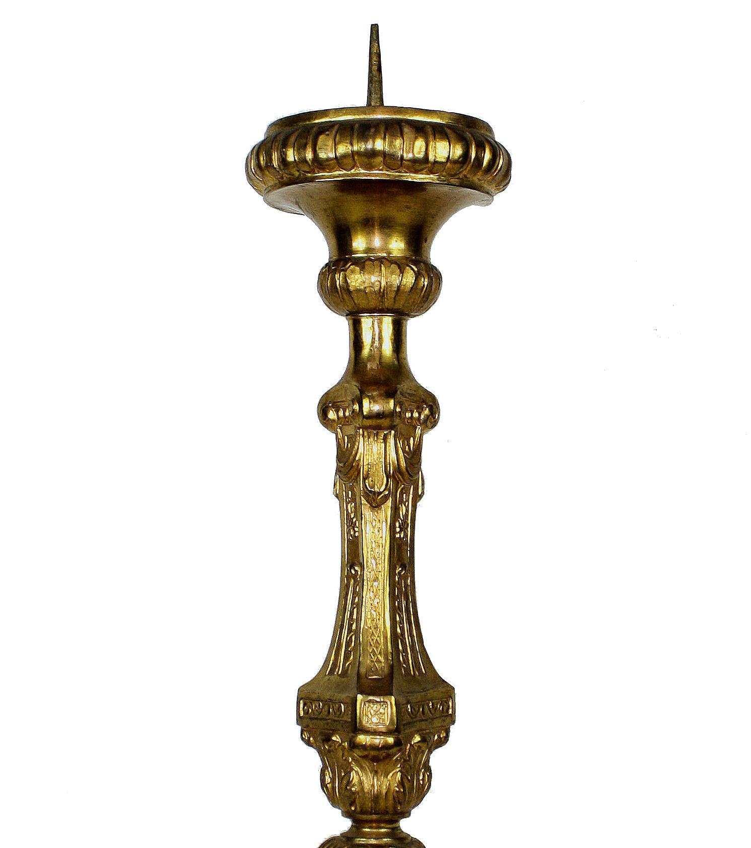 A French Baroque gold-plated brass pricket candlestick, beautifully burnished.