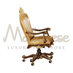 Baroque Golden Leather Swivel Chair with Walnut Finishes by Modenese Gastone