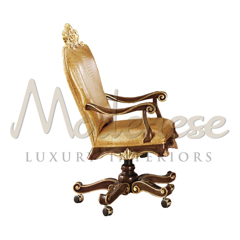Bespoke Italian office swivel chair for presidential offices. Modenese Gastone Interiors designed and produced this item for a VIP client office in Montecarlo. According to the client's will we only used top-quality solid wood and real Italian