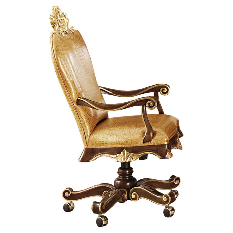 Baroque Golden Leather Swivel Chair with Walnut Finishes by Modenese Gastone For Sale