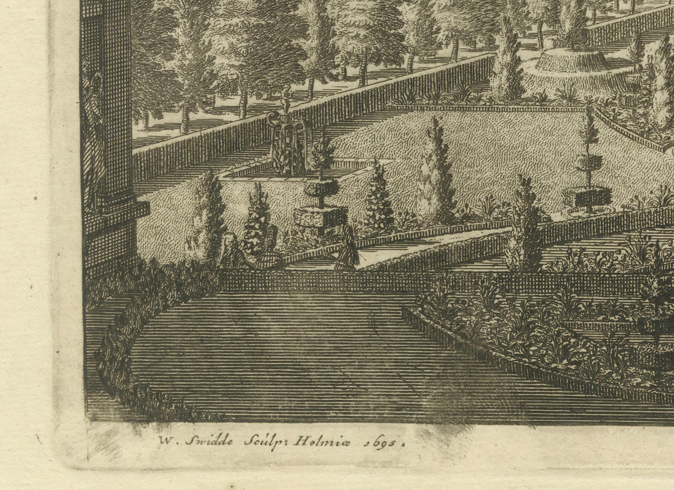 Das Bild ist ein originaler antiker Kupferstich von Swidde aus dem Jahr 1695. Die Szene ist eine sorgfältige Darstellung eines eleganten Palastes und seiner formalen Gärten, die im Barockstil gehalten sind. Die Komposition ist symmetrisch, mit einer