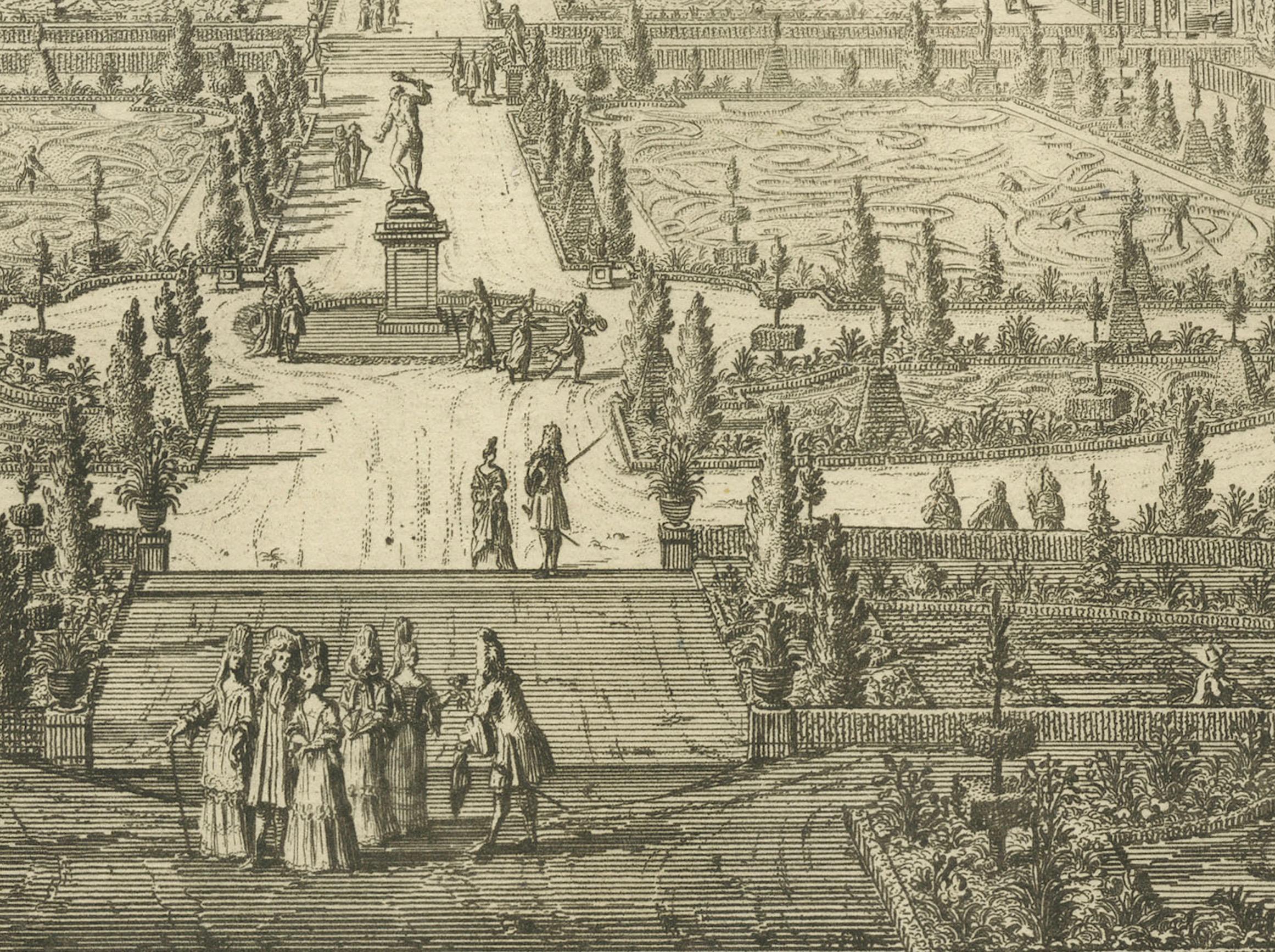 Barocke Grandeur: Die Gärten des Schlosses Rosersberg in Swiddes Gravur von 1695 im Zustand „Gut“ im Angebot in Langweer, NL