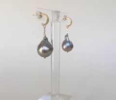 Marina J Baroque Gray Pearl Dangle Earrings with 14 K Yellow Gold Stud and Chain