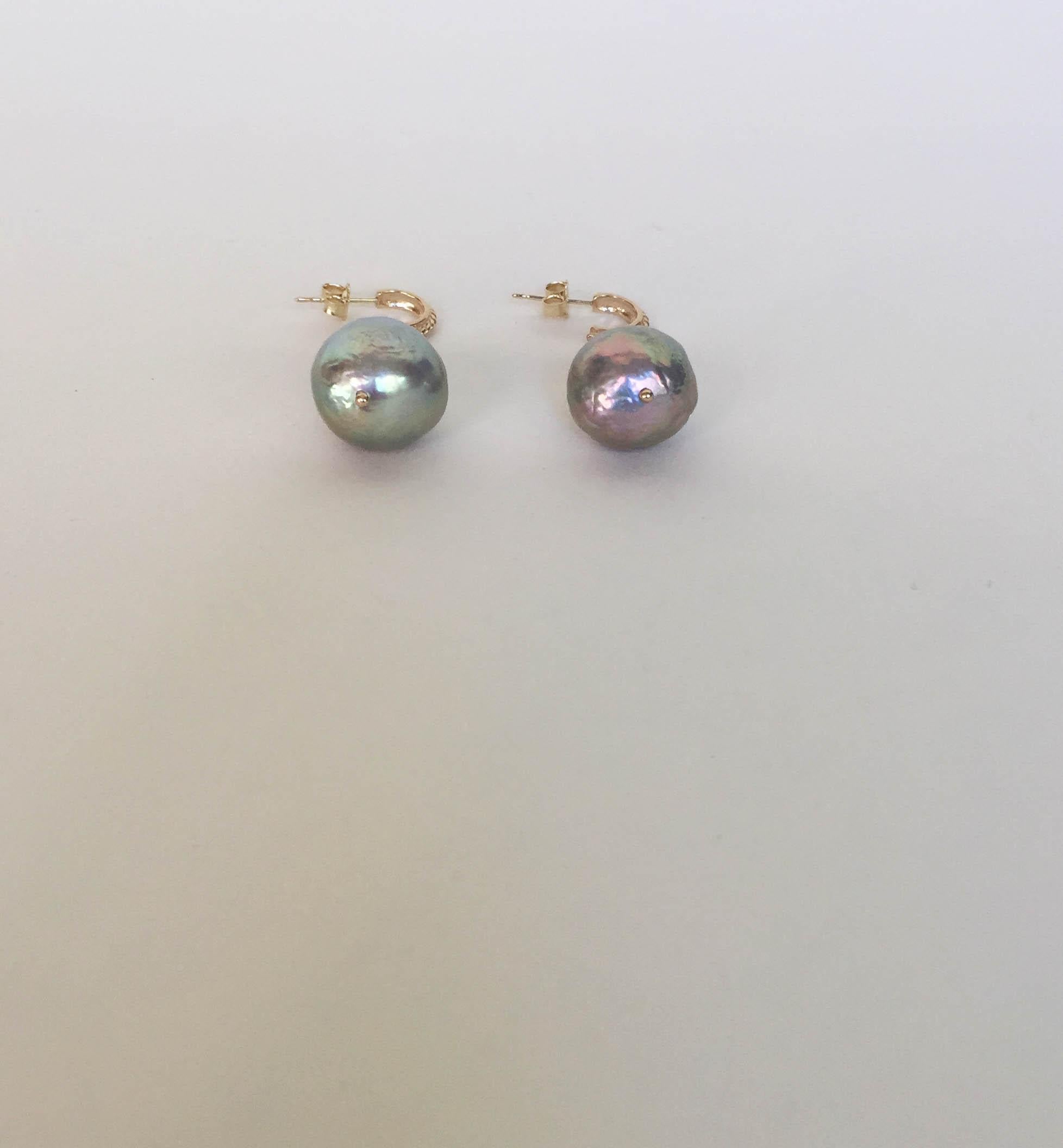 Marina J Baroque Gray Pearl Dangle Earrings with 14 K Yellow Gold Stud and Chain In New Condition In Los Angeles, CA