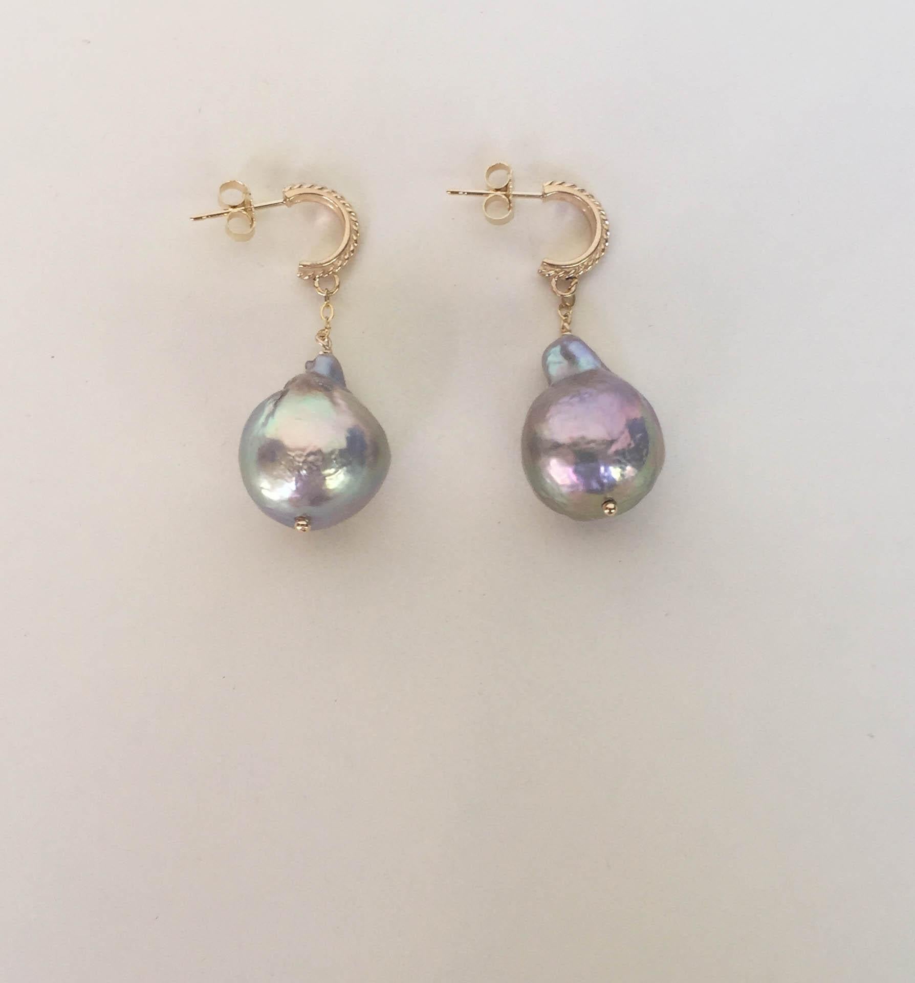 Women's Marina J Baroque Gray Pearl Dangle Earrings with 14 K Yellow Gold Stud and Chain