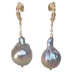 Marina J Baroque Gray Pearl Dangle Earrings with 14 K Yellow Gold Stud and Chain