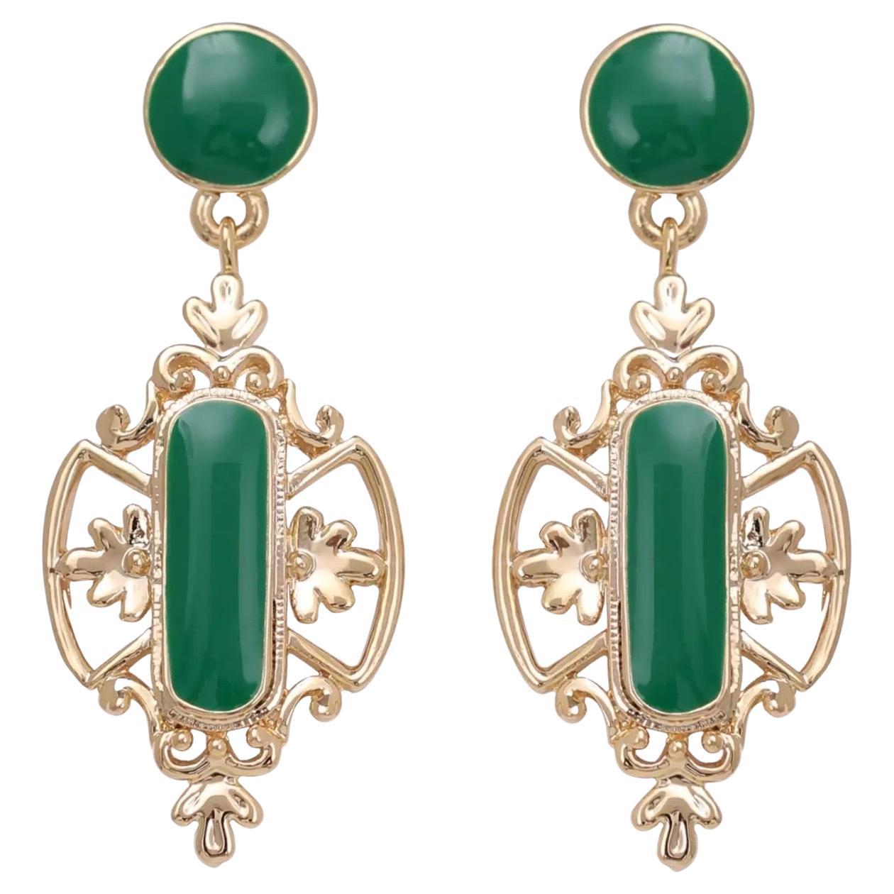 Baroque Green Emerald Enamel Flower Openwork Gold Drop Dangle Clip Earrings For Sale