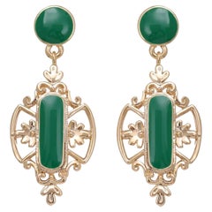 Baroque Green Emerald Enamel Flower Openwork Gold Retro Dangle Clip Earrings