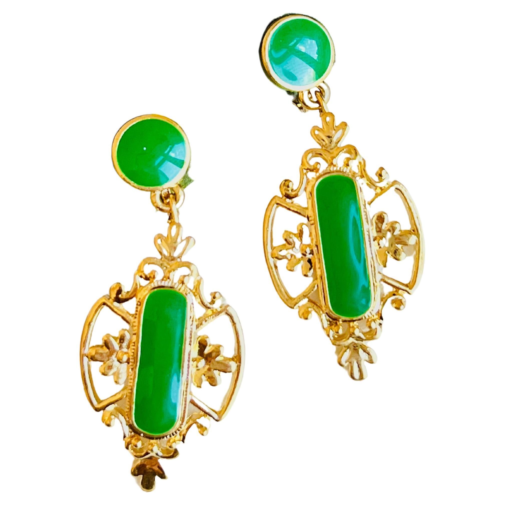 Baroque Green Emerald Enamel Flower Openwork Gold Retro Dangle Clip Earrings