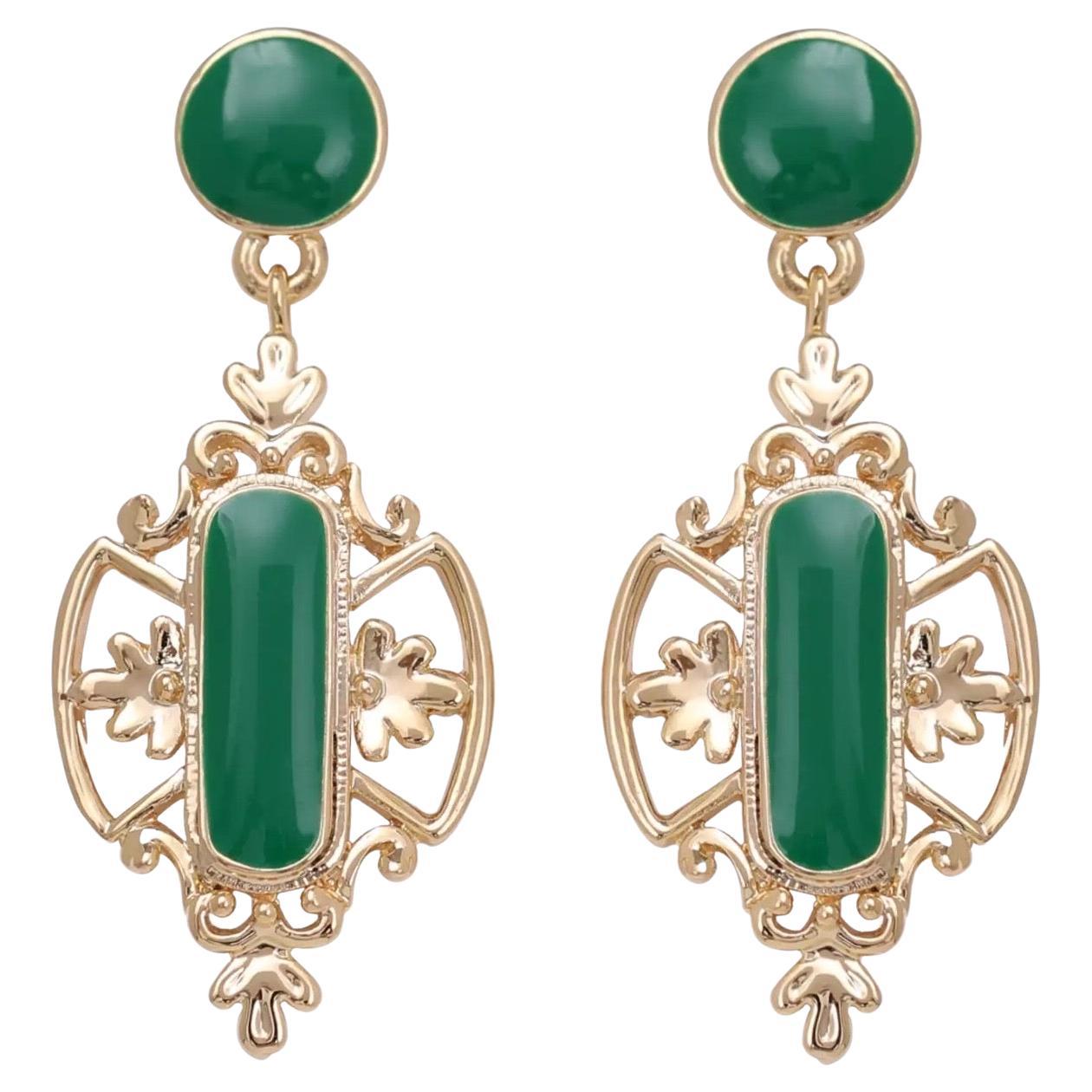 Baroque Green Emerald Enamel Flower Openwork Gold Retro Dangle Clip Earrings For Sale