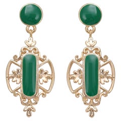 Baroque Green Emerald Enamel Flower Openwork Gold Retro Dangle Clip Earrings