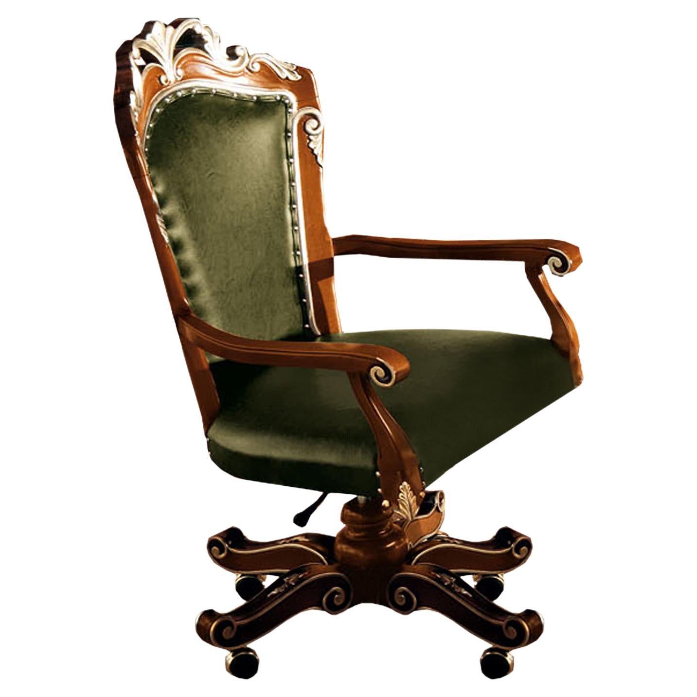 Baroque Green Leather Swivel Chair with Walnut and Gold Leaf Finishes, Modenese For Sale