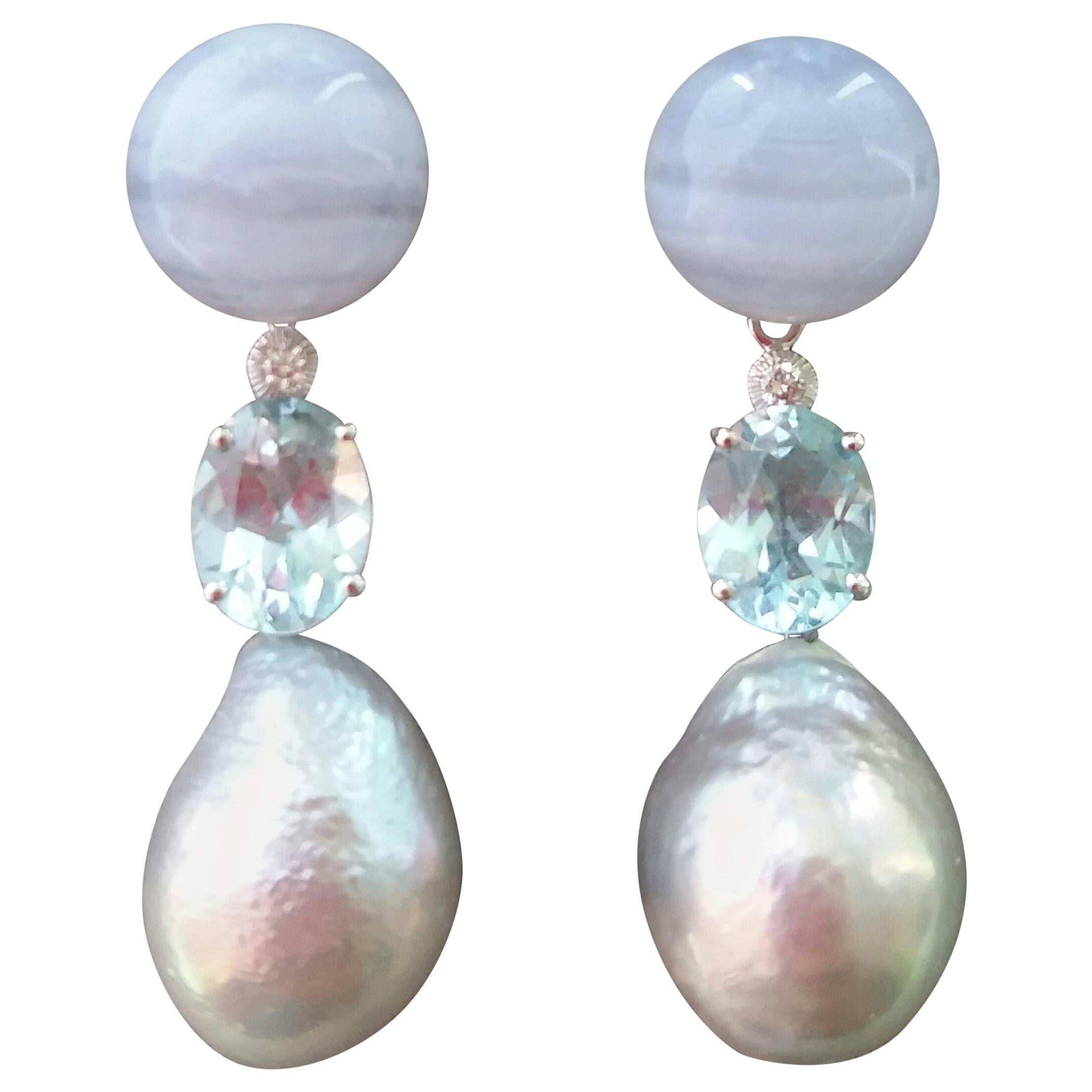 Baroque Grey Pearls Chalcedony Blue Topaz Gold Diamonds Dangle Earrings For Sale