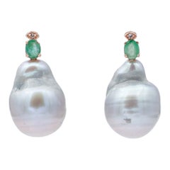 Baroque Grey Pearls, Emeralds, Diamonds, 14 Karat Rose Gold Earrings