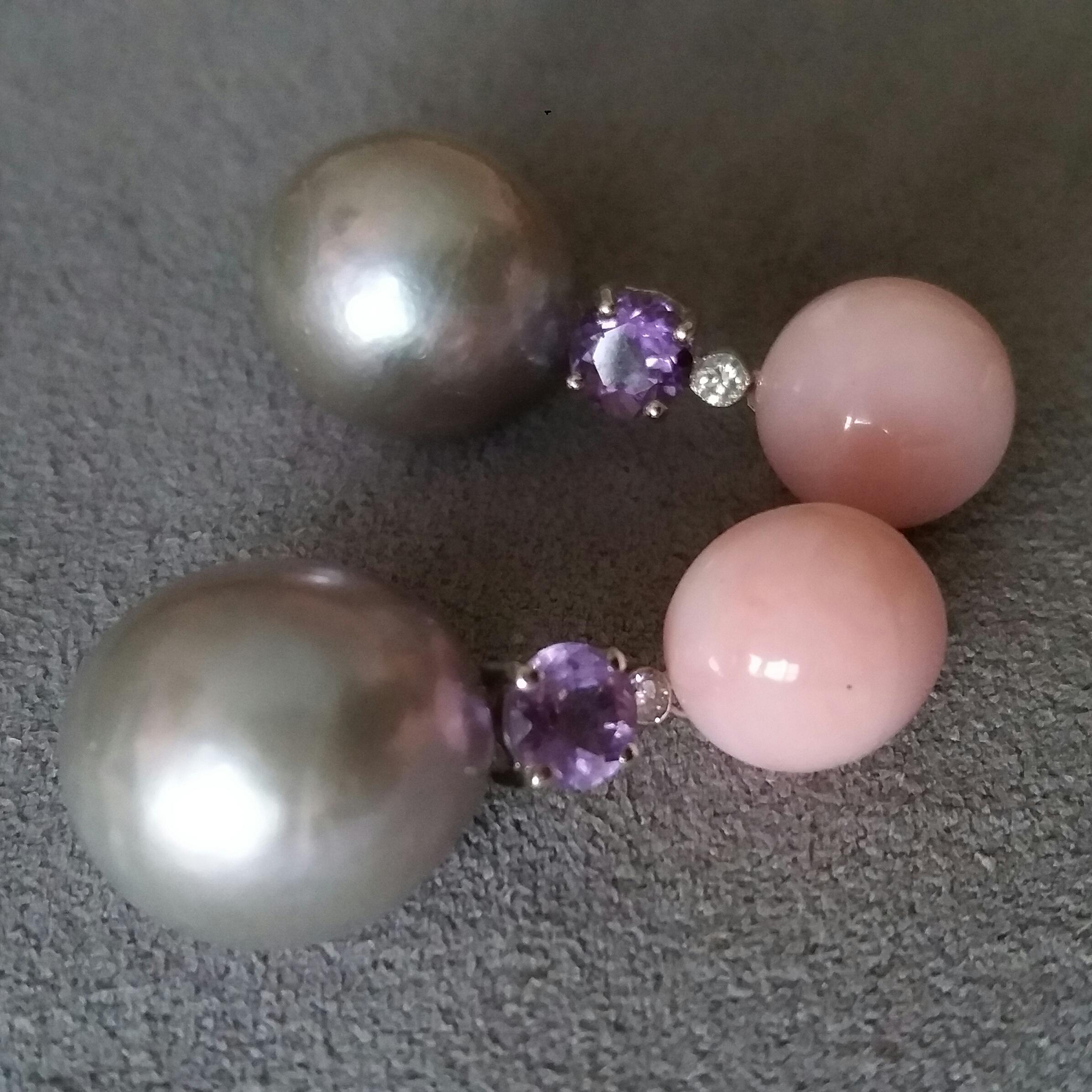 Contemporary Baroque Grey Pearls Pink Opal Amethyst Diamonds White Gold Dangle Earrings For Sale