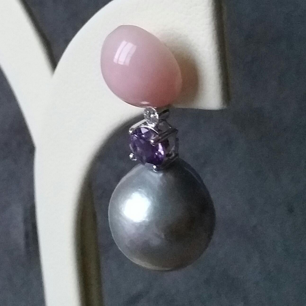 Mixed Cut Baroque Grey Pearls Pink Opal Amethyst Diamonds White Gold Dangle Earrings For Sale