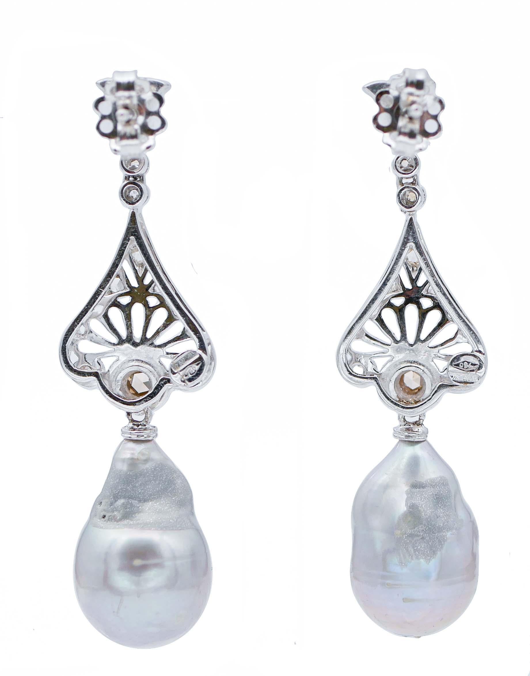 Retro Baroque Grey Pearls, Diamonds, 18 Karat White Gold Retrò Earrings