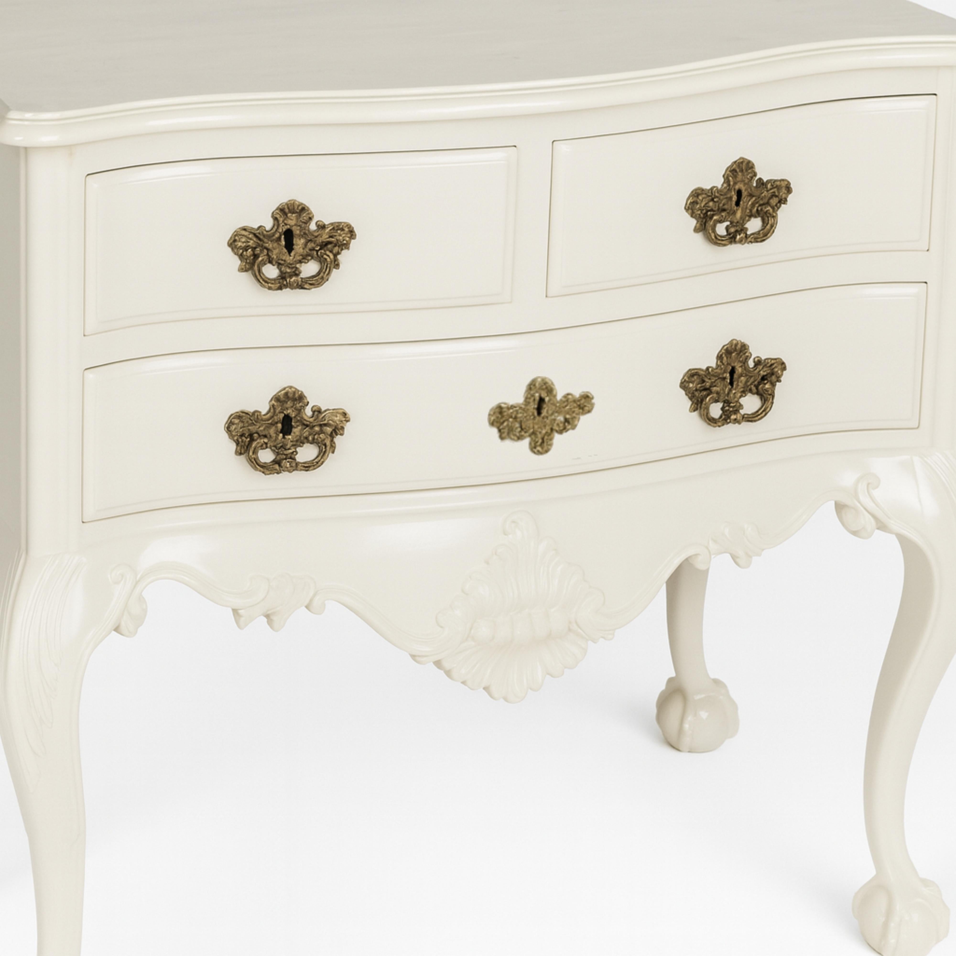 Off White refinished Half Dresser in Very Light Walnut Wood with Carvings, Cut-out Vegetal Sails, Bombeé Legs, and Gold Hardware, One Large Drawer and Two Smaller Drawers

Height: 29.92 inches (76 cm)
Length: 31.10 inches (79 cm)
Width: 18.58 inches