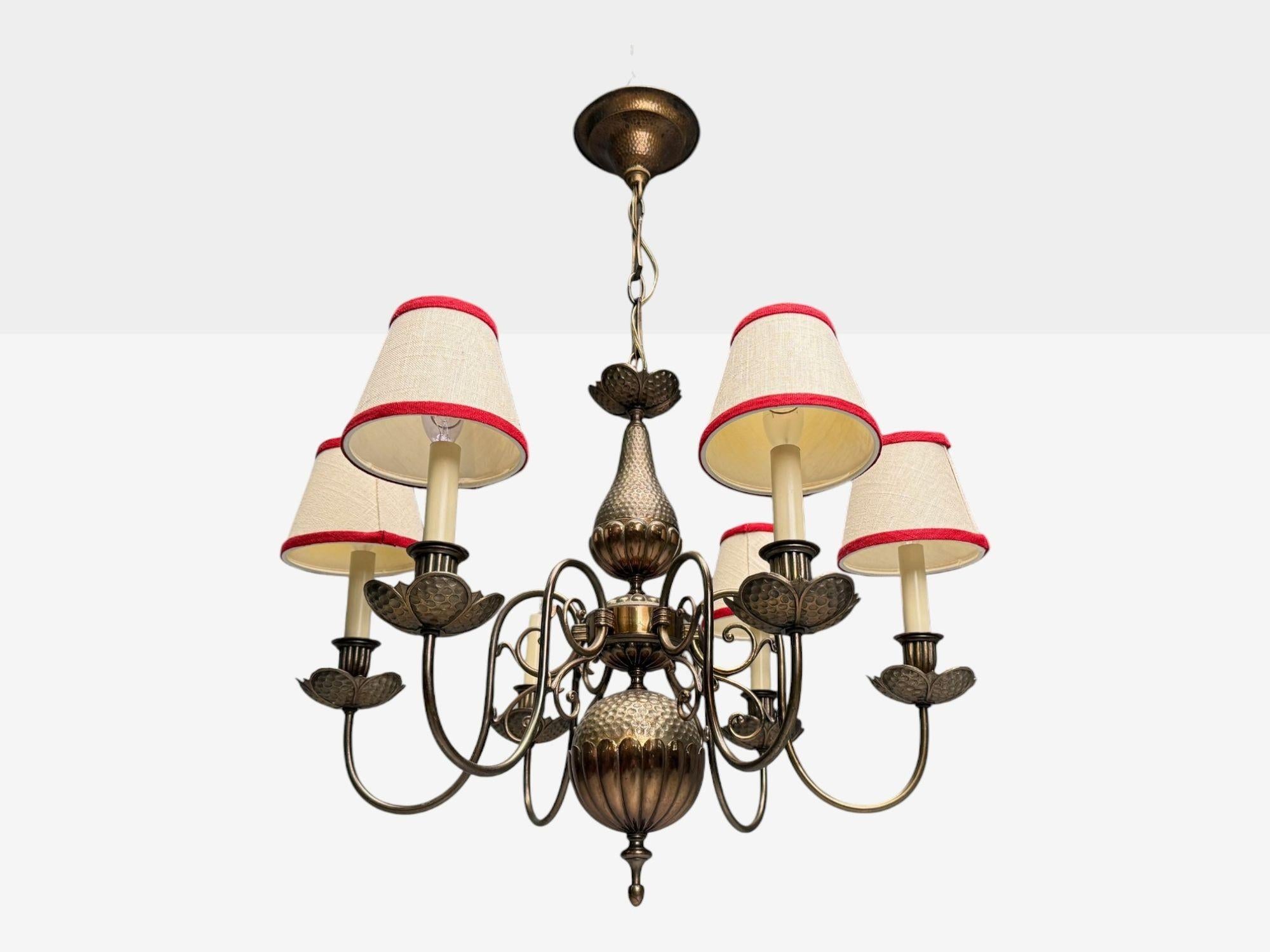 Baroque, Hammered Brass, Bronze, Fabric, Pendant Light, 1950s (Barock) im Angebot