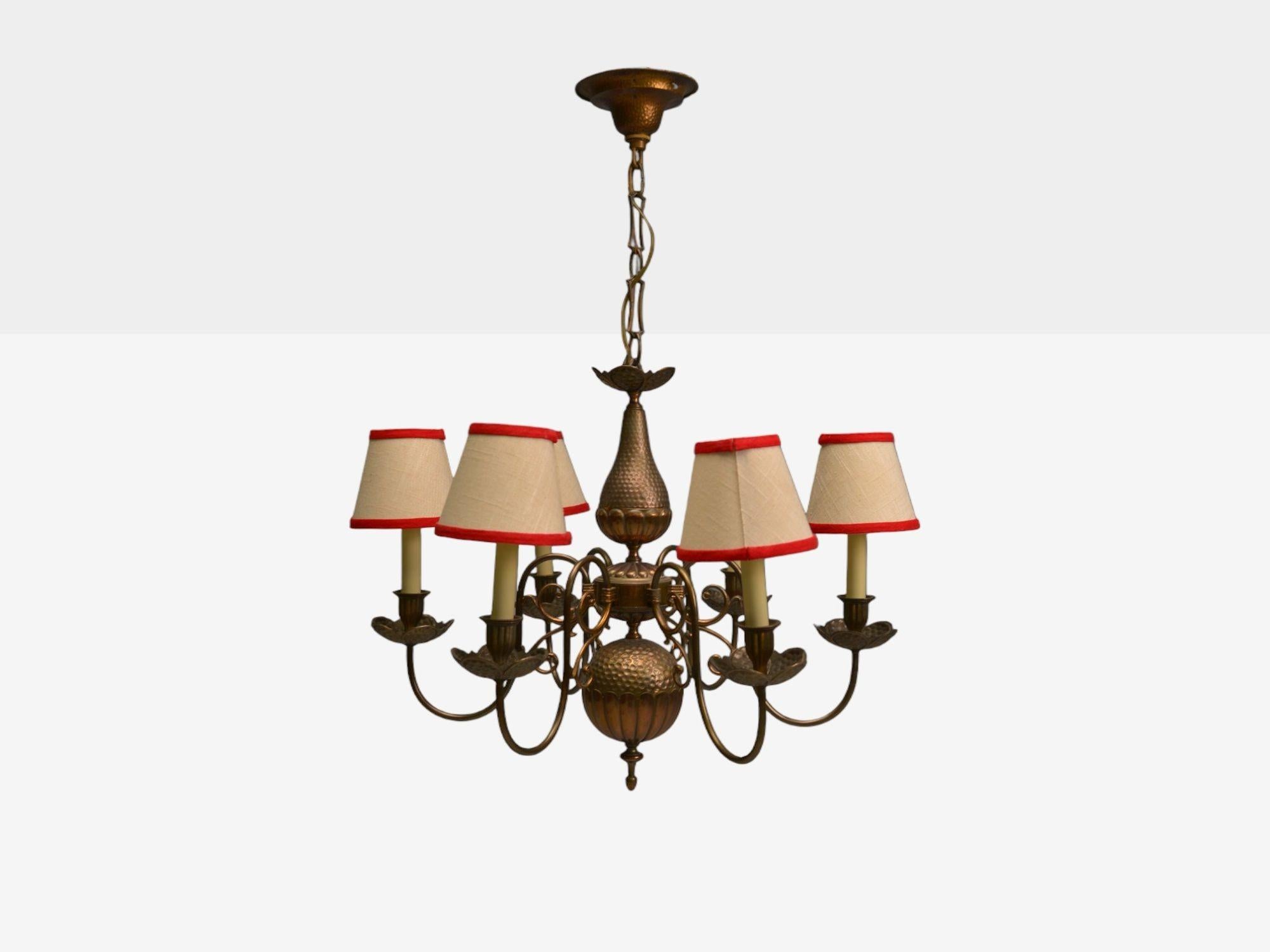 Baroque, Hammered Brass, Bronze, Fabric, Pendant Light, 1950s (Belgisch) im Angebot