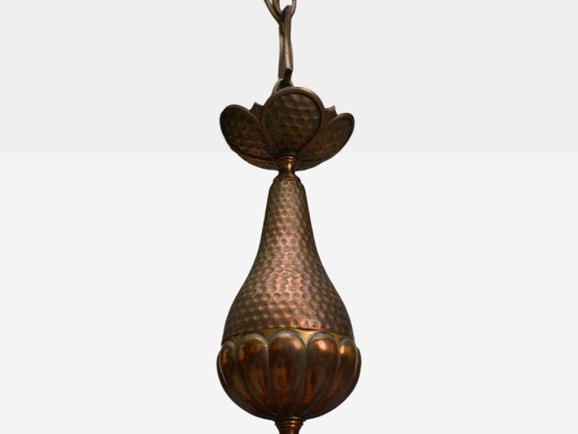 Baroque, Hammered Brass, Bronze, Fabric, Pendant Light, 1950s (Mitte des 20. Jahrhunderts) im Angebot