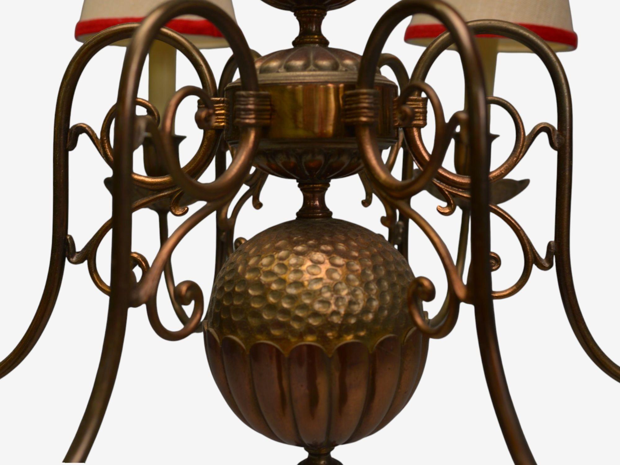 Baroque, Hammered Brass, Bronze, Fabric, Pendant Light, 1950s im Angebot 1