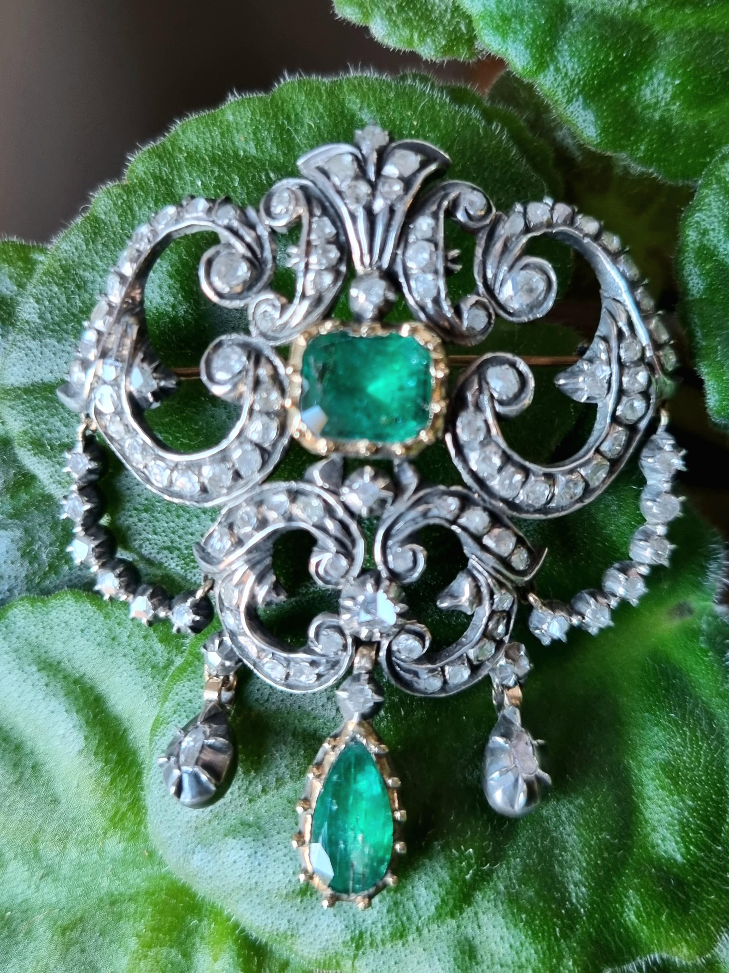Emerald Cut Baroque Iberian (Spain) Emerald and Diamond Pendant/Brooch 18Th Century For Sale