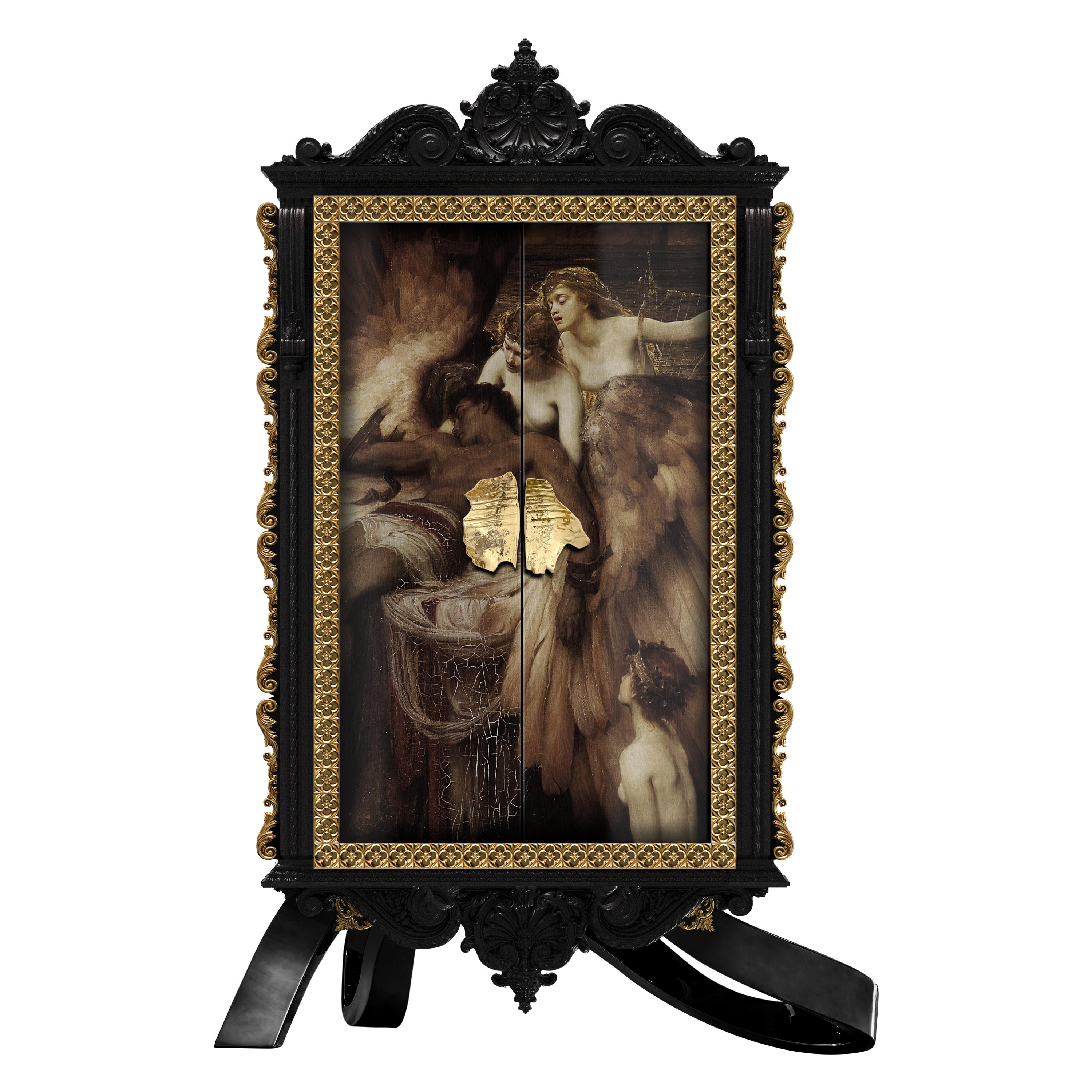 Baroque Icarus Drinks Cabinet in Black, Gold by Railis Design For Sale