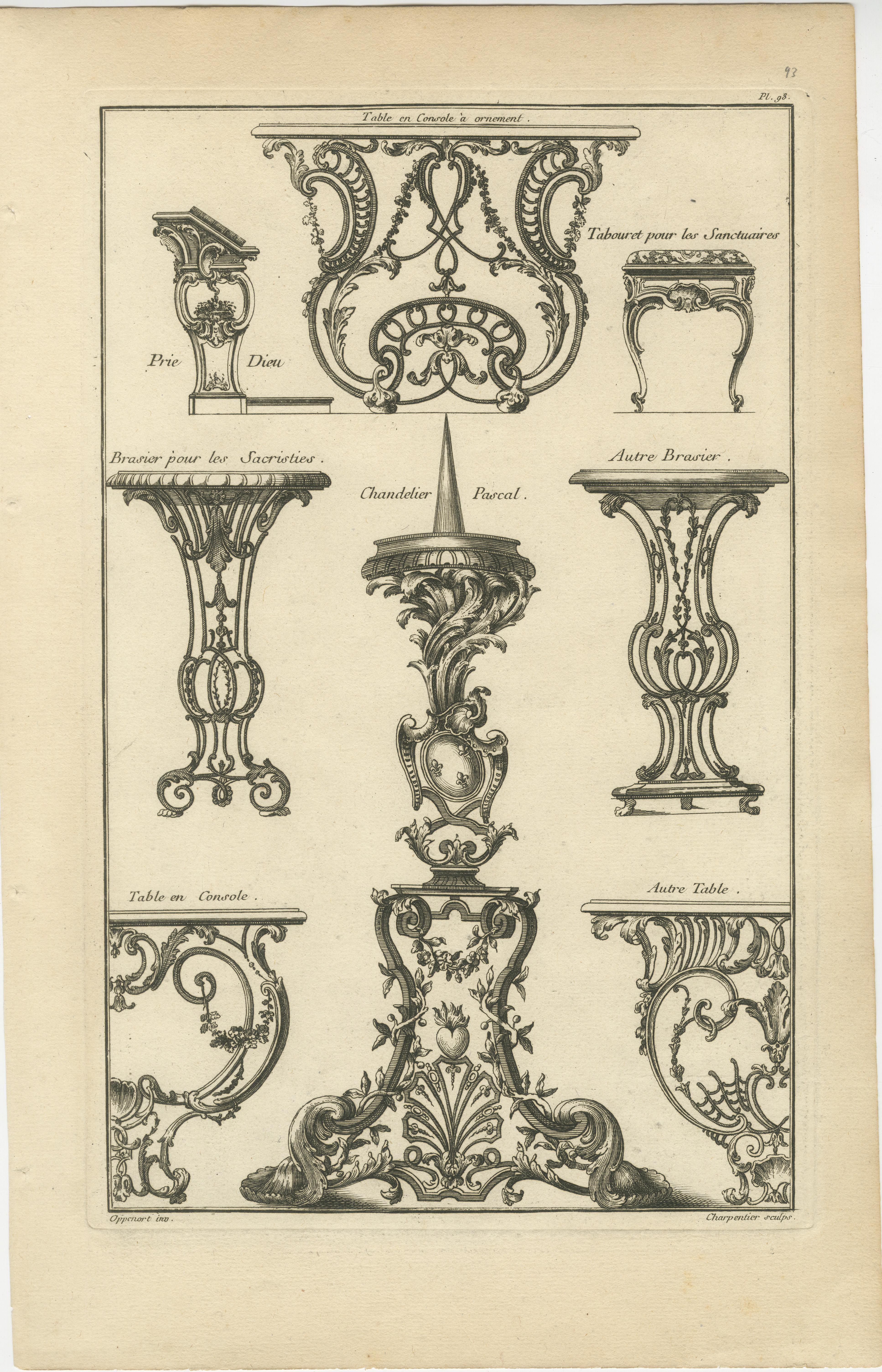 Paper Baroque Ironwork Designs: Tables and Candelabras Engraved, 1767 For Sale